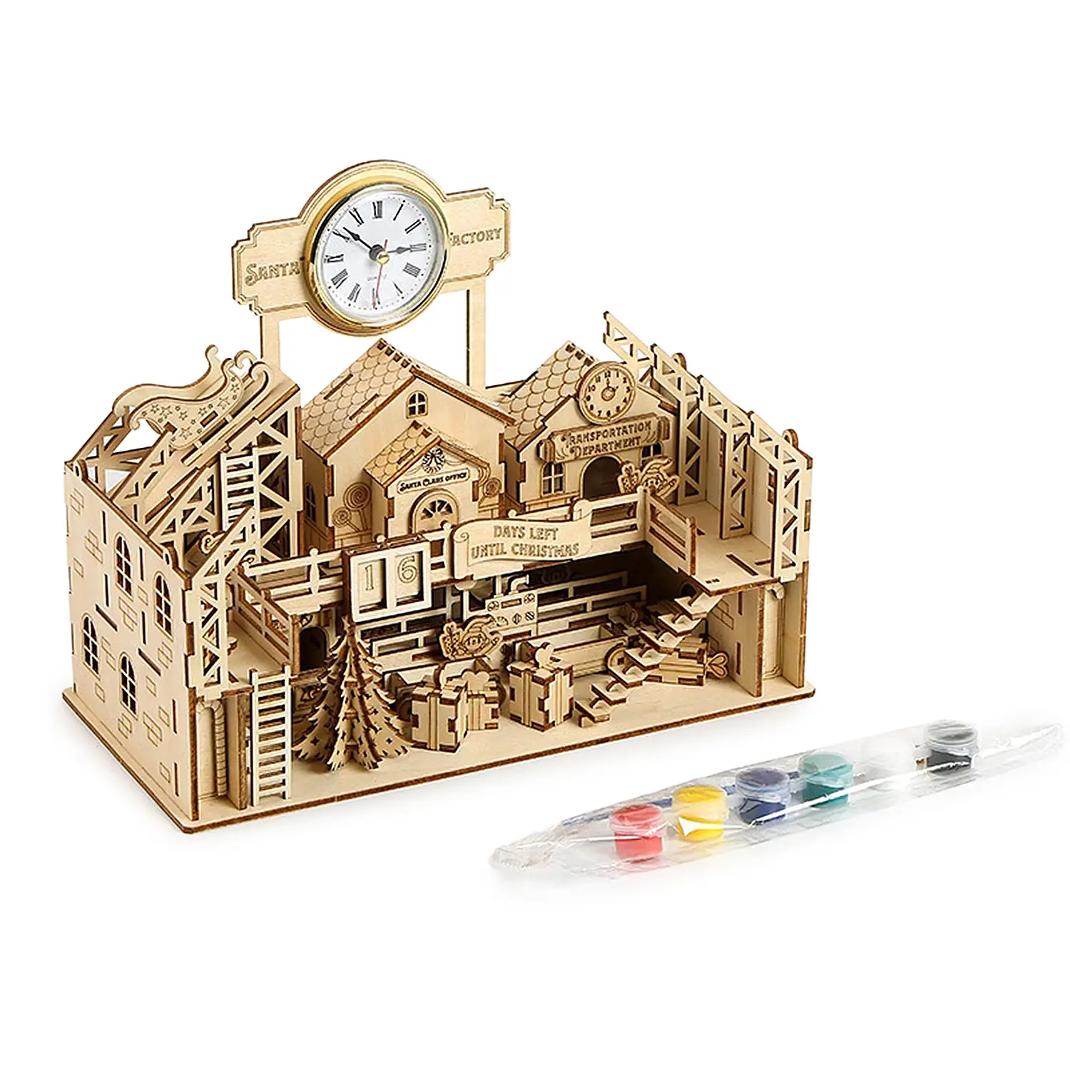 Maqueta de Madera 3D, diseño de Fábrica de Papá Noel con movimiento mecánico. 225 piezas.