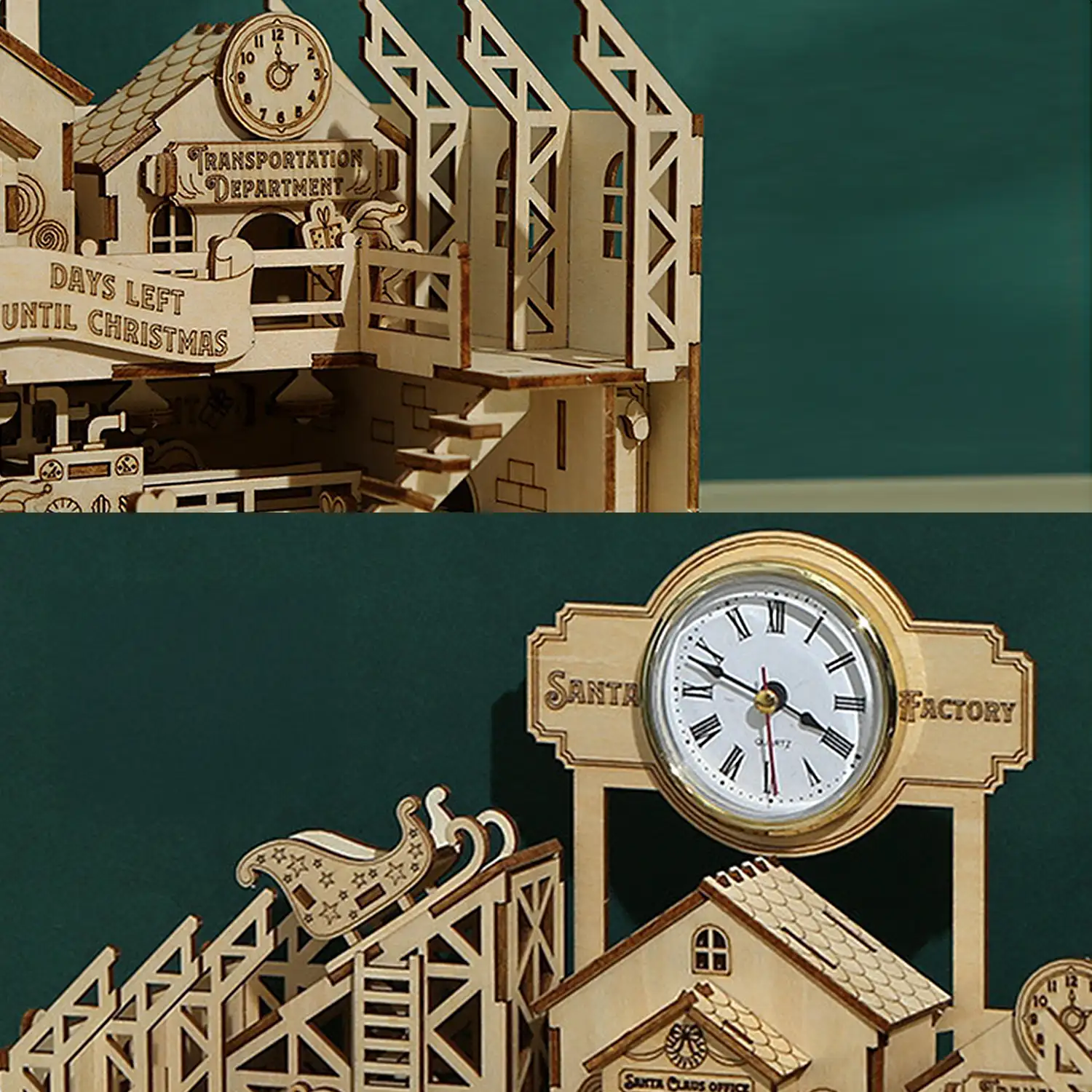 Maqueta de Madera 3D, diseño de Fábrica de Papá Noel con movimiento mecánico. 225 piezas.