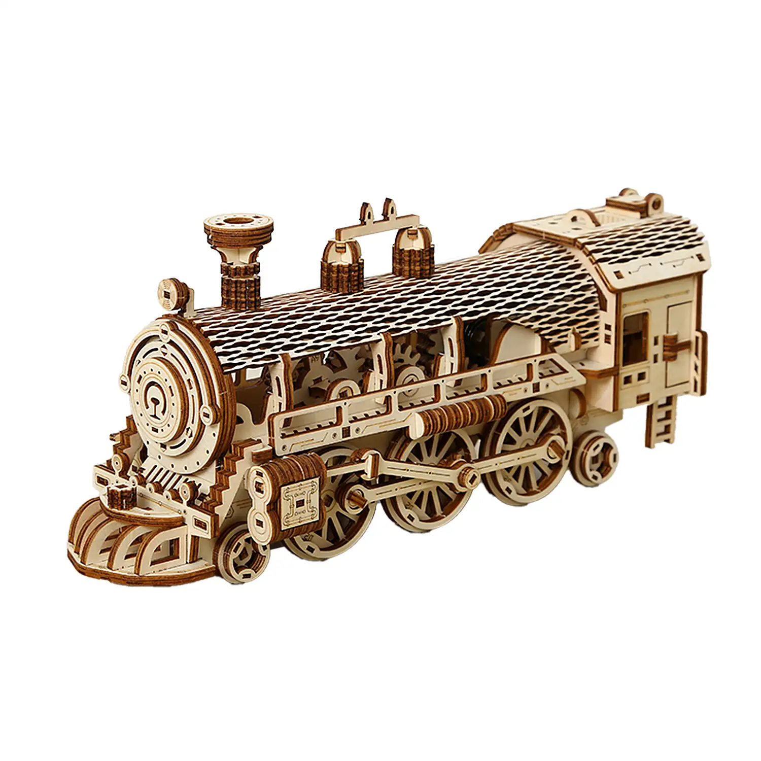 Maqueta de Madera 3D, diseño de Tren de vapor con movimiento mecánico. 361 piezas.