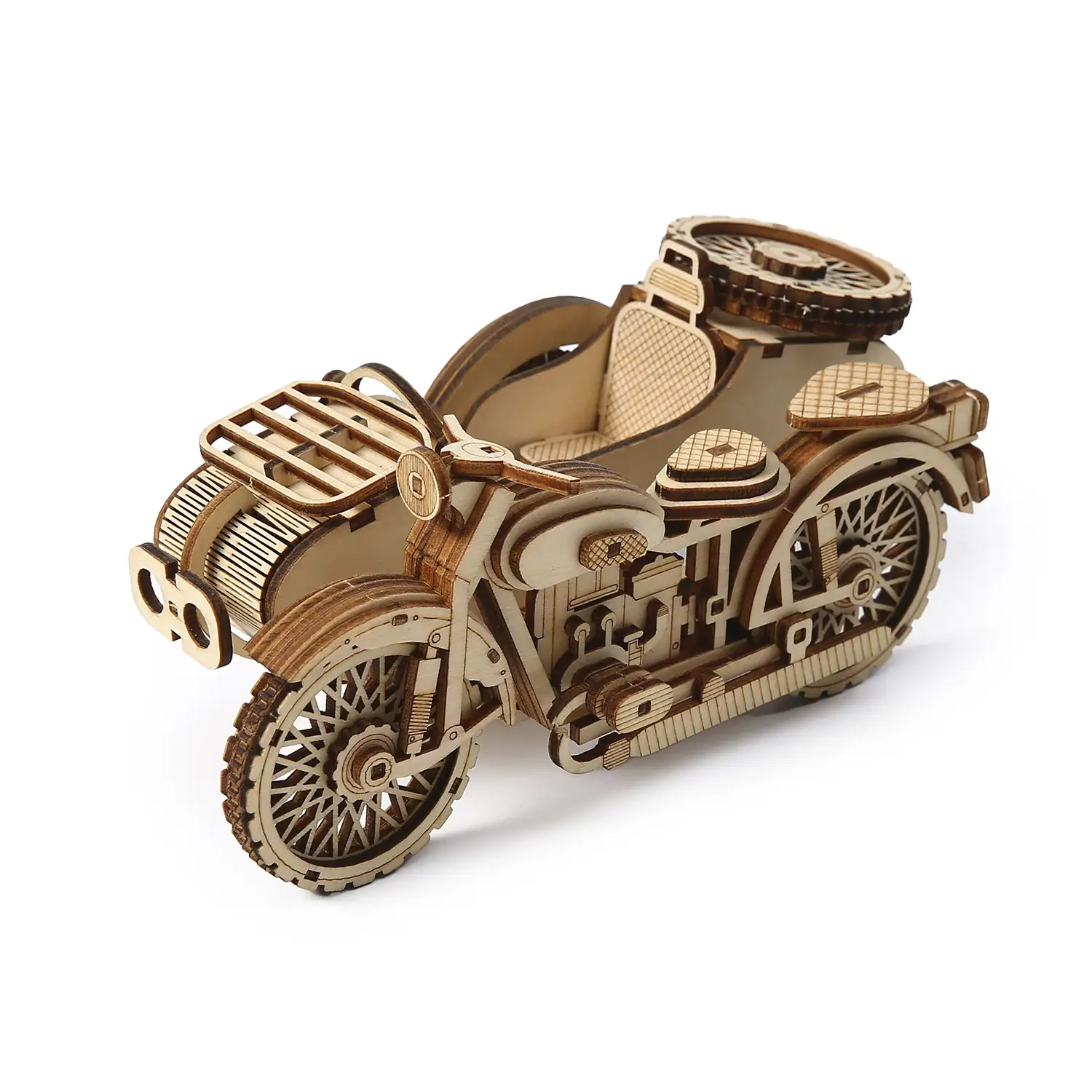 Maqueta de Madera 3D, diseño de Moto con Sidecar con movimiento mecánico. 81 piezas.