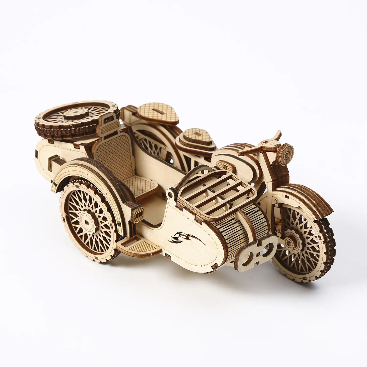 Maqueta de Madera 3D, diseño de Moto con Sidecar con movimiento mecánico. 81 piezas.
