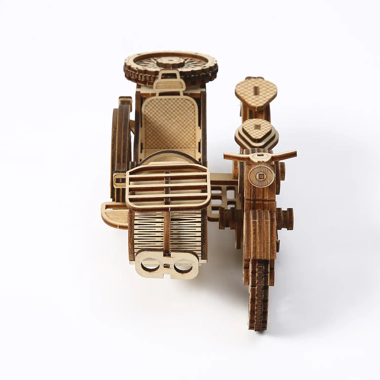 Maqueta de Madera 3D, diseño de Moto con Sidecar con movimiento mecánico. 81 piezas.