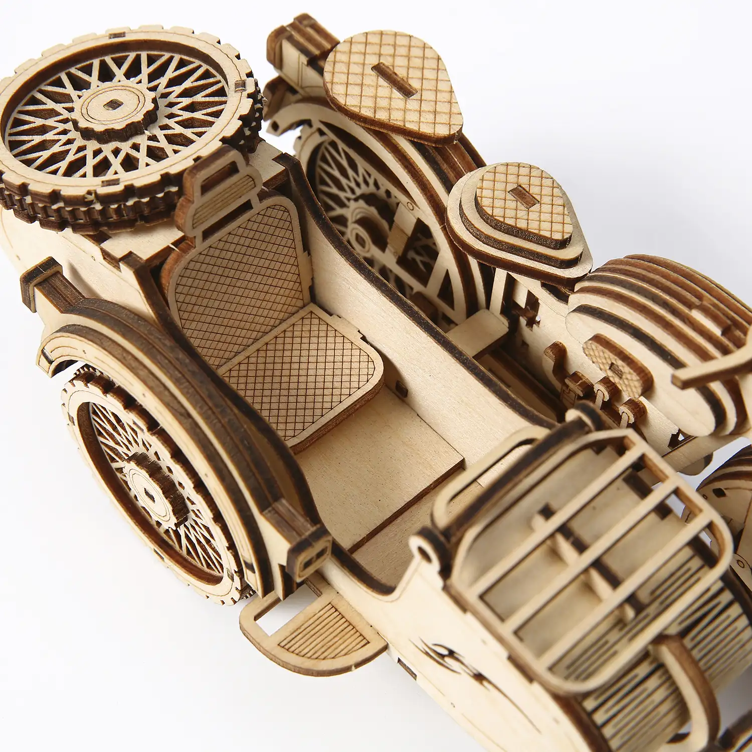Maqueta de Madera 3D, diseño de Moto con Sidecar con movimiento mecánico. 81 piezas.