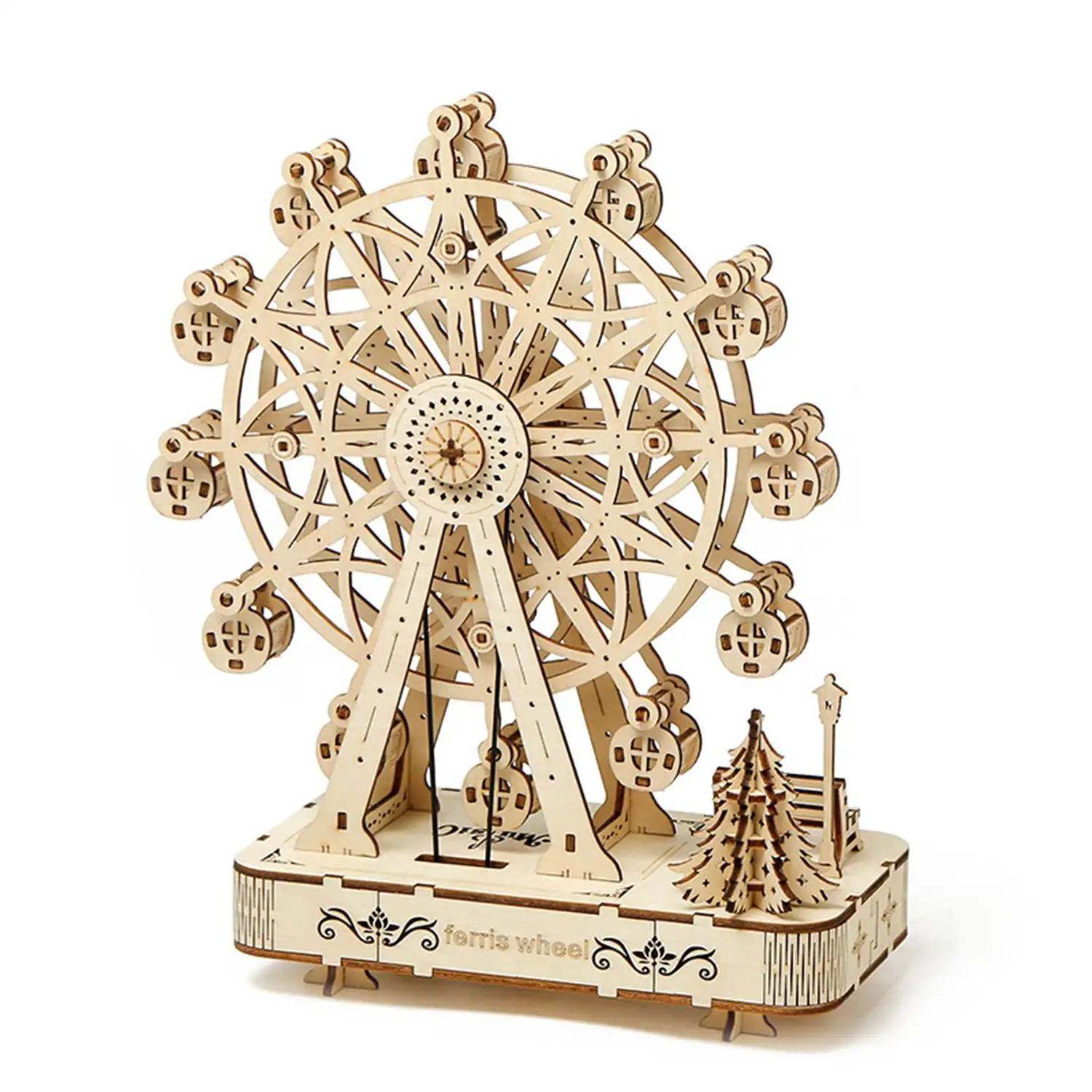 Maqueta de Madera 3D, diseño de Noria con música y movimiento mecánico. 133 piezas.