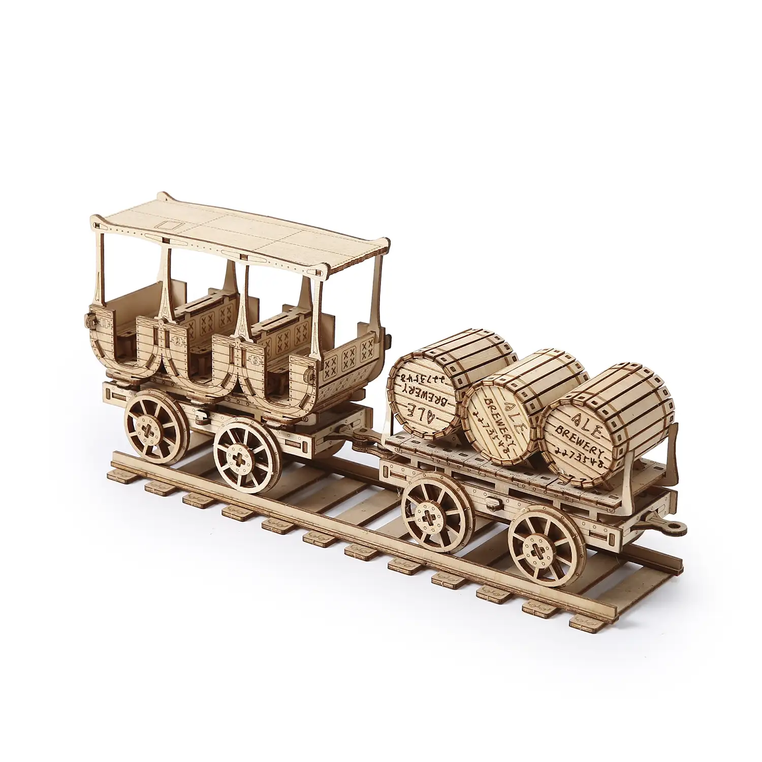 Maqueta de Madera 3D, diseño de Vagón del vino con movimiento mecánico. 278 piezas.