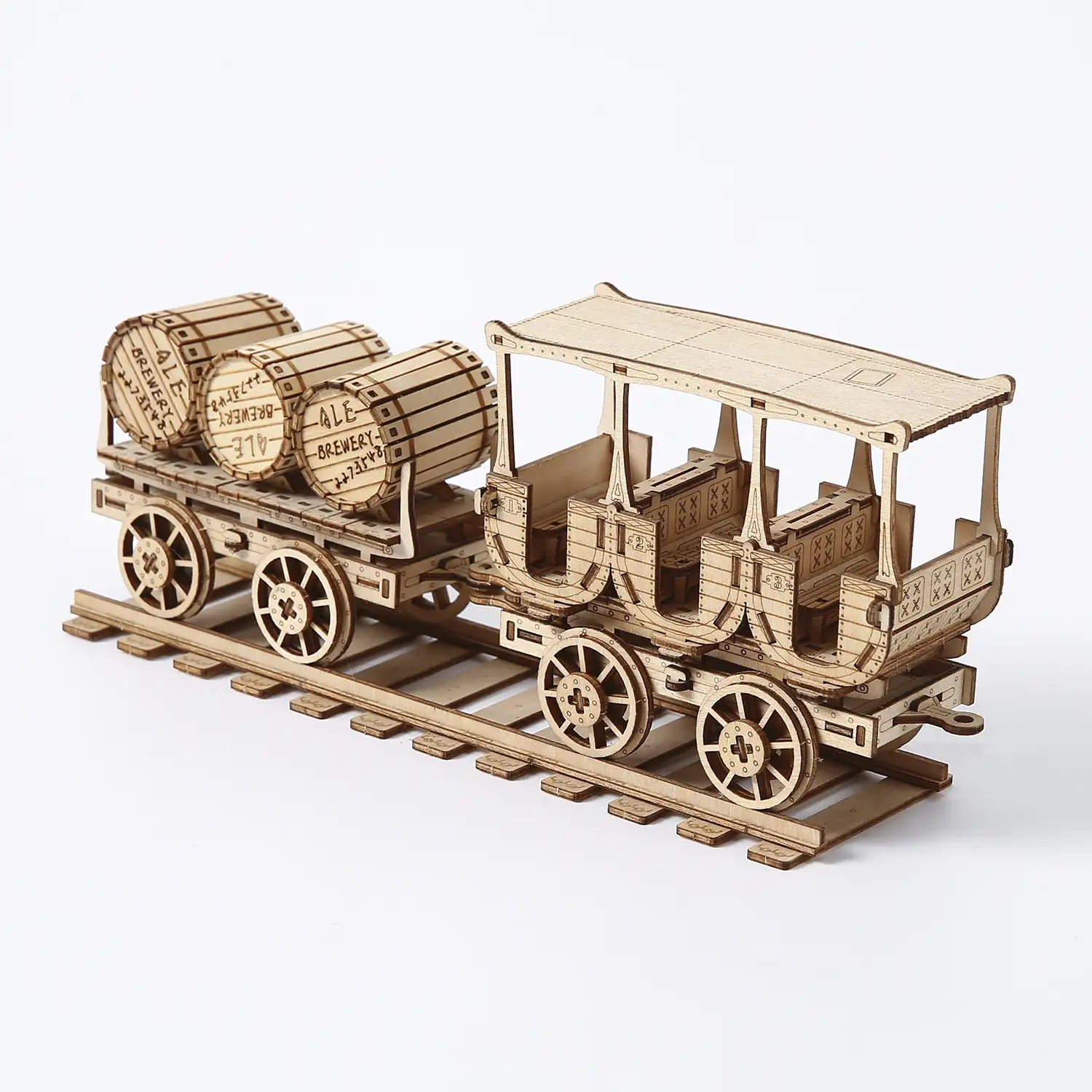 Maqueta de Madera 3D, diseño de Vagón del vino con movimiento mecánico. 278 piezas.