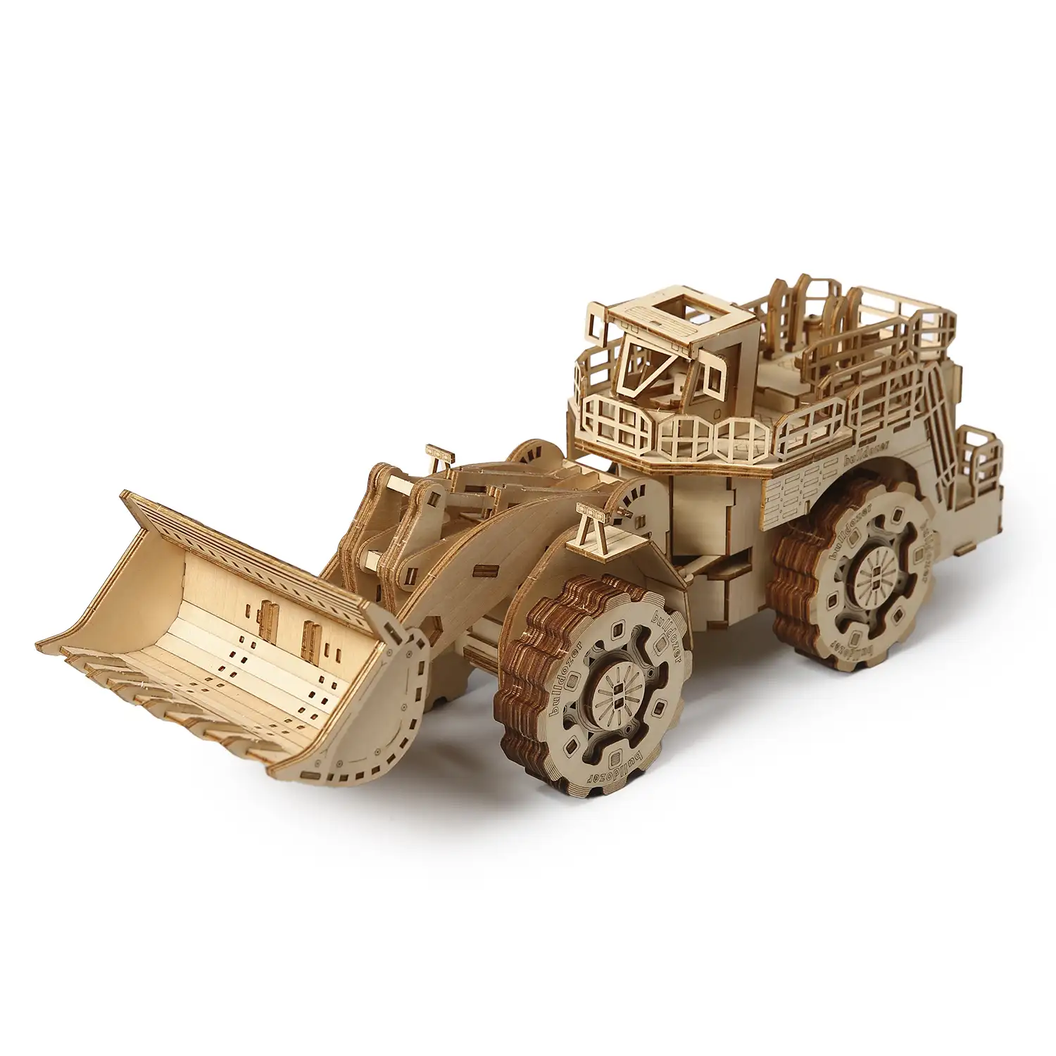 Maqueta de Madera 3D, diseño de Pala Cargadora con movimiento mecánico. 312 piezas.