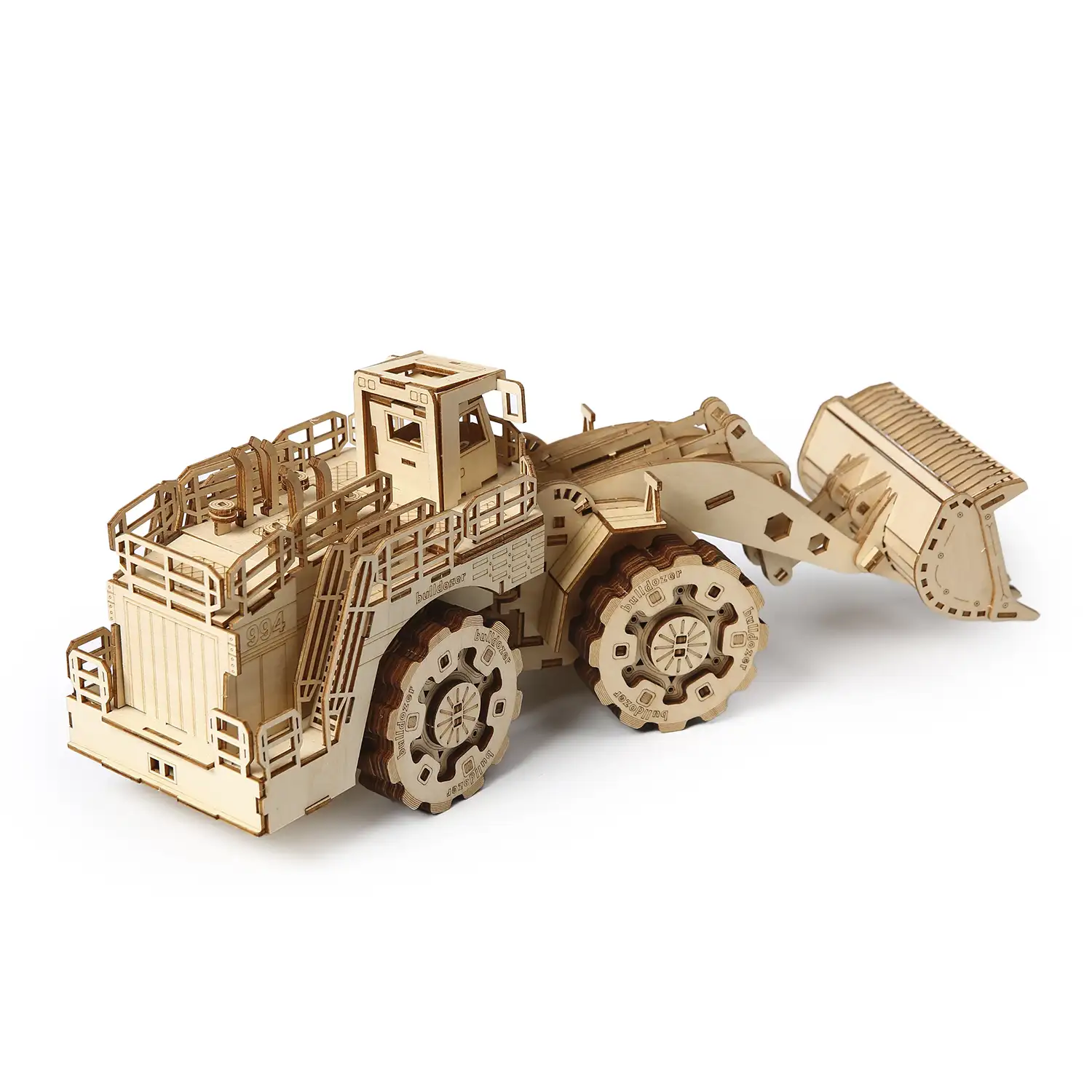 Maqueta de Madera 3D, diseño de Pala Cargadora con movimiento mecánico. 312 piezas.