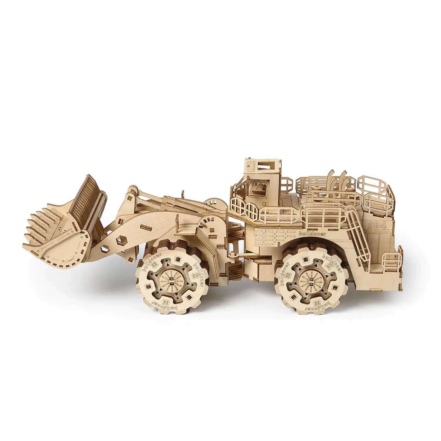 Maqueta de Madera 3D, diseño de Pala Cargadora con movimiento mecánico. 312 piezas.