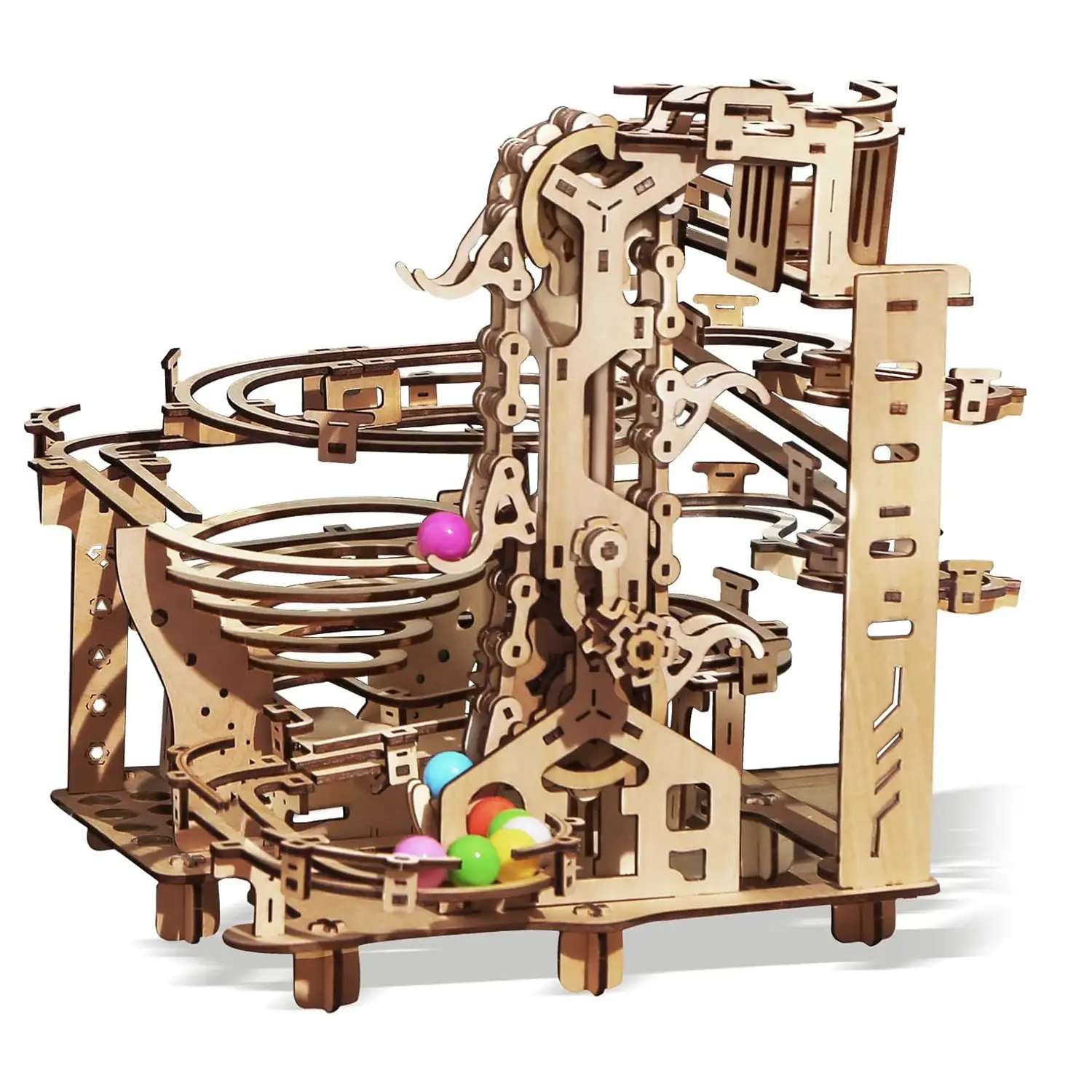 Maqueta de Madera 3D, diseño de Circuito manual de canicas con movimiento mecánico. 196 piezas.