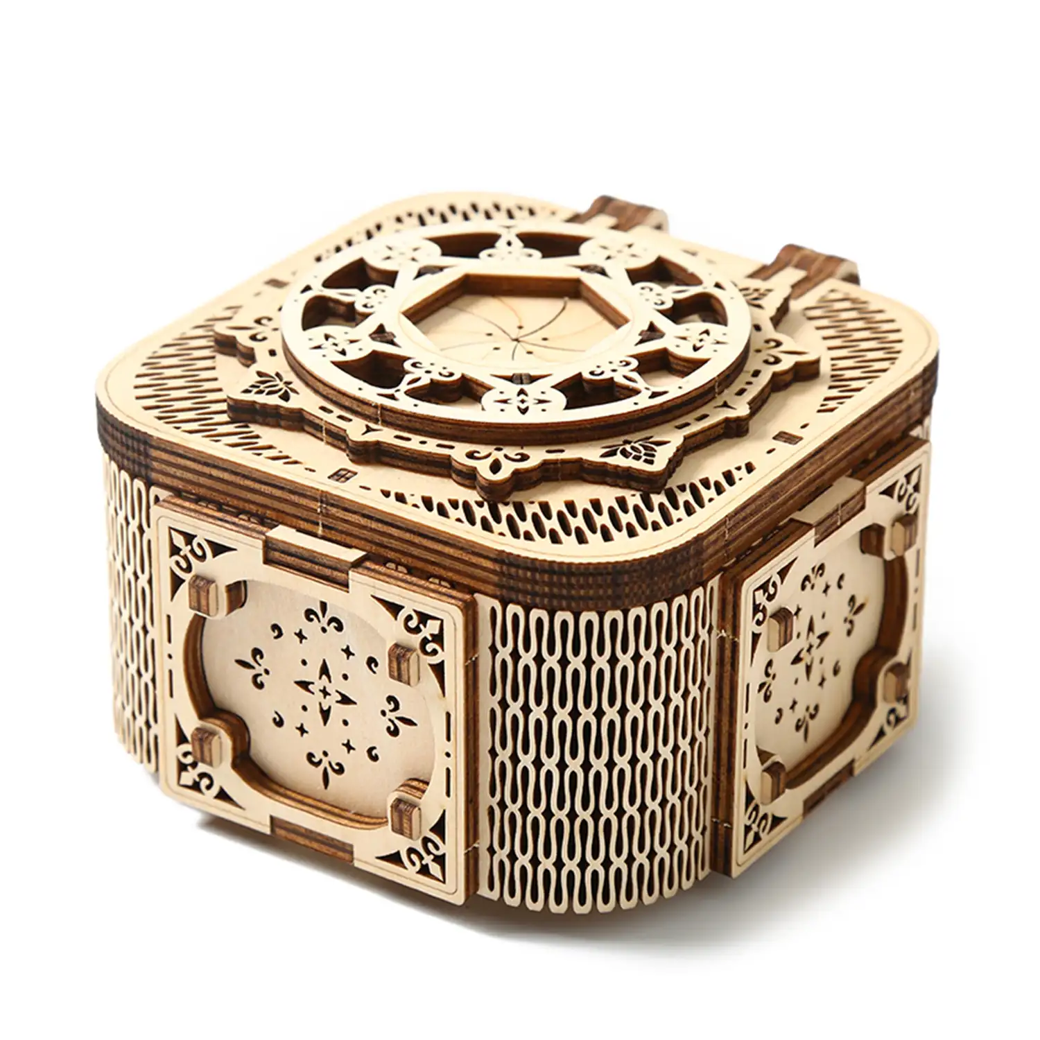 Maqueta de Madera 3D, diseño de Caja de música con movimiento mecánico. 68 piezas.