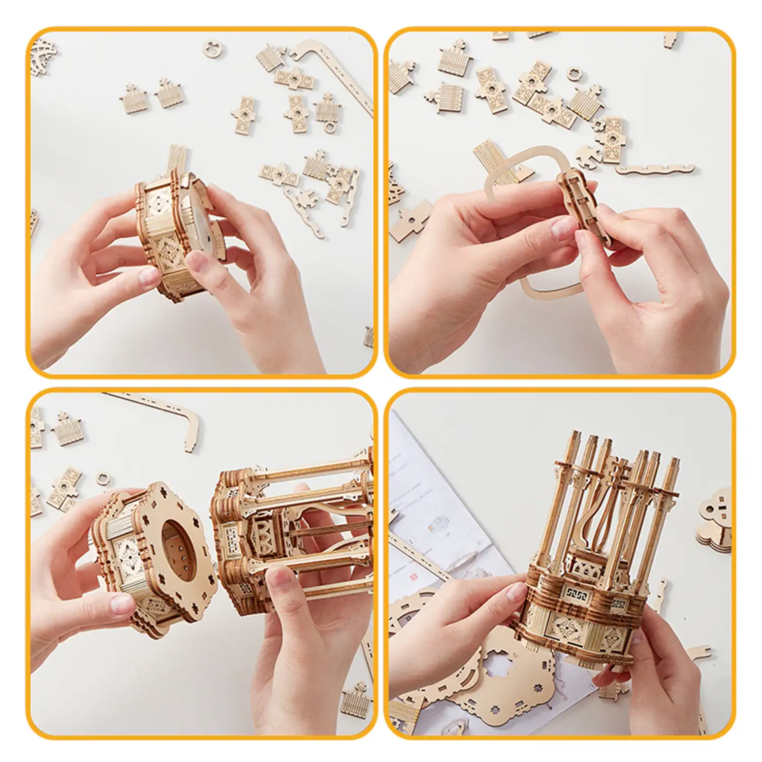 Maqueta de Madera 3D, diseño de Caja de música con movimiento mecánico. 68 piezas.