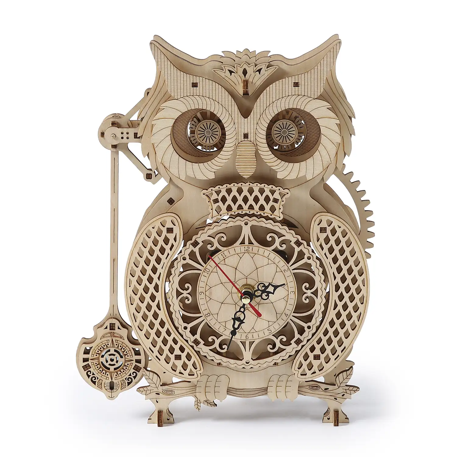 Maqueta de Madera 3D, reloj con diseño de Búho con movimiento mecánico. 139 piezas.