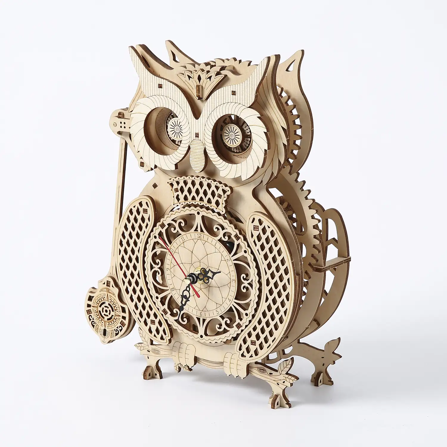 Maqueta de Madera 3D, reloj con diseño de Búho con movimiento mecánico. 139 piezas.