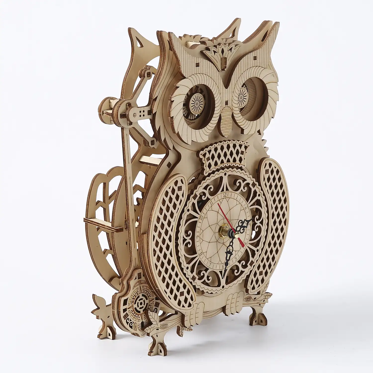 Maqueta de Madera 3D, reloj con diseño de Búho con movimiento mecánico. 139 piezas.