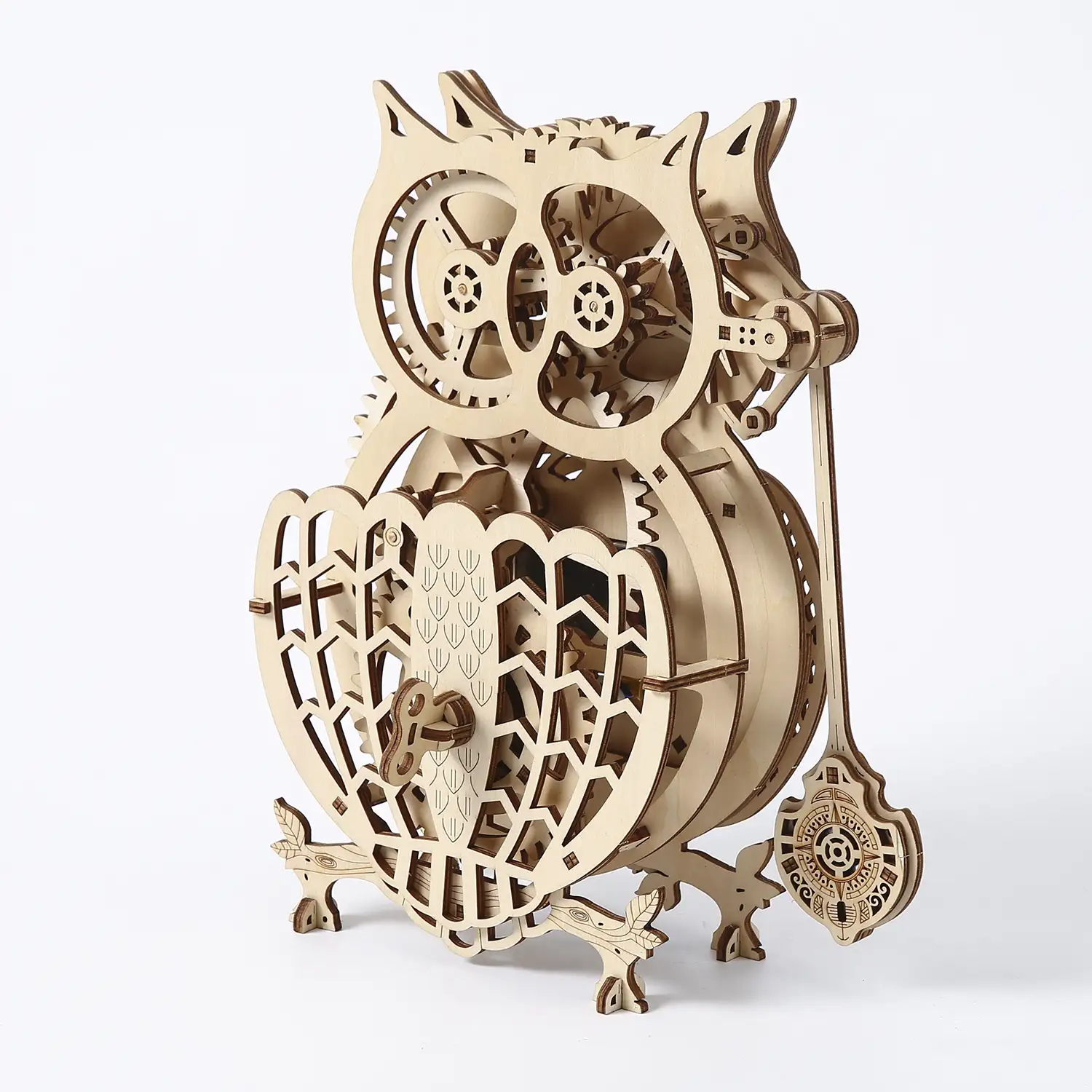 Maqueta de Madera 3D, reloj con diseño de Búho con movimiento mecánico. 139 piezas.