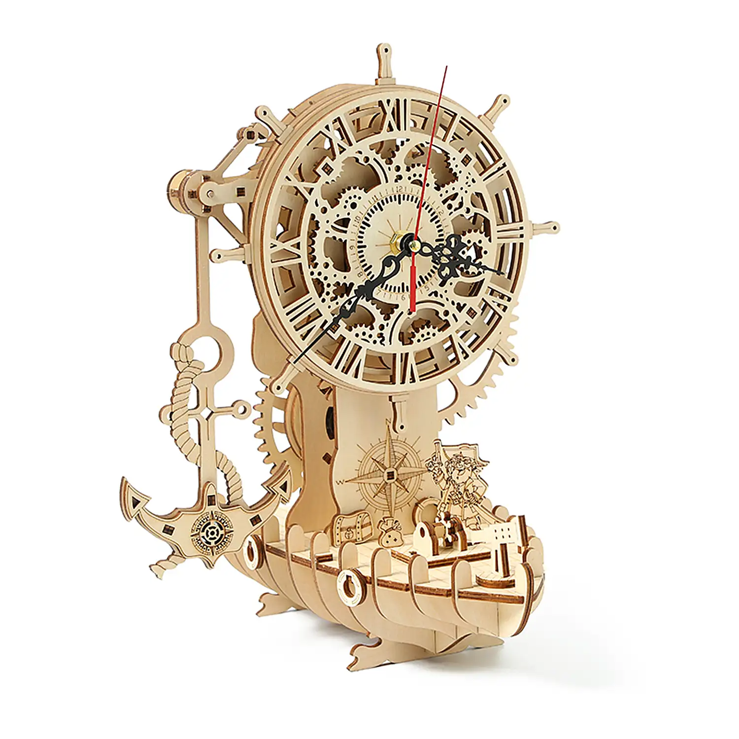 Maqueta de Madera 3D, reloj con diseño de Barco pirata con movimiento mecánico. 123 piezas.
