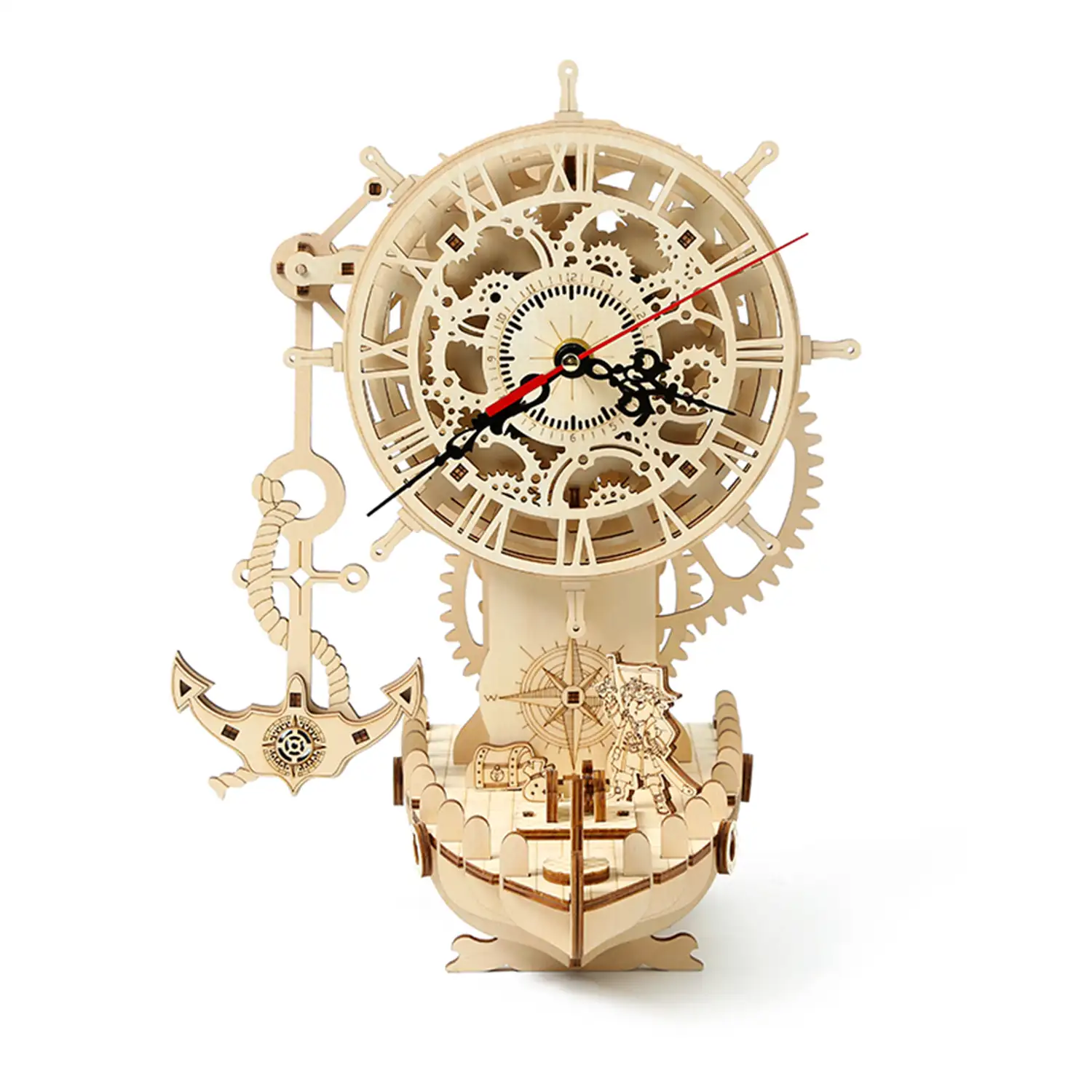 Maqueta de Madera 3D, reloj con diseño de Barco pirata con movimiento mecánico. 123 piezas.