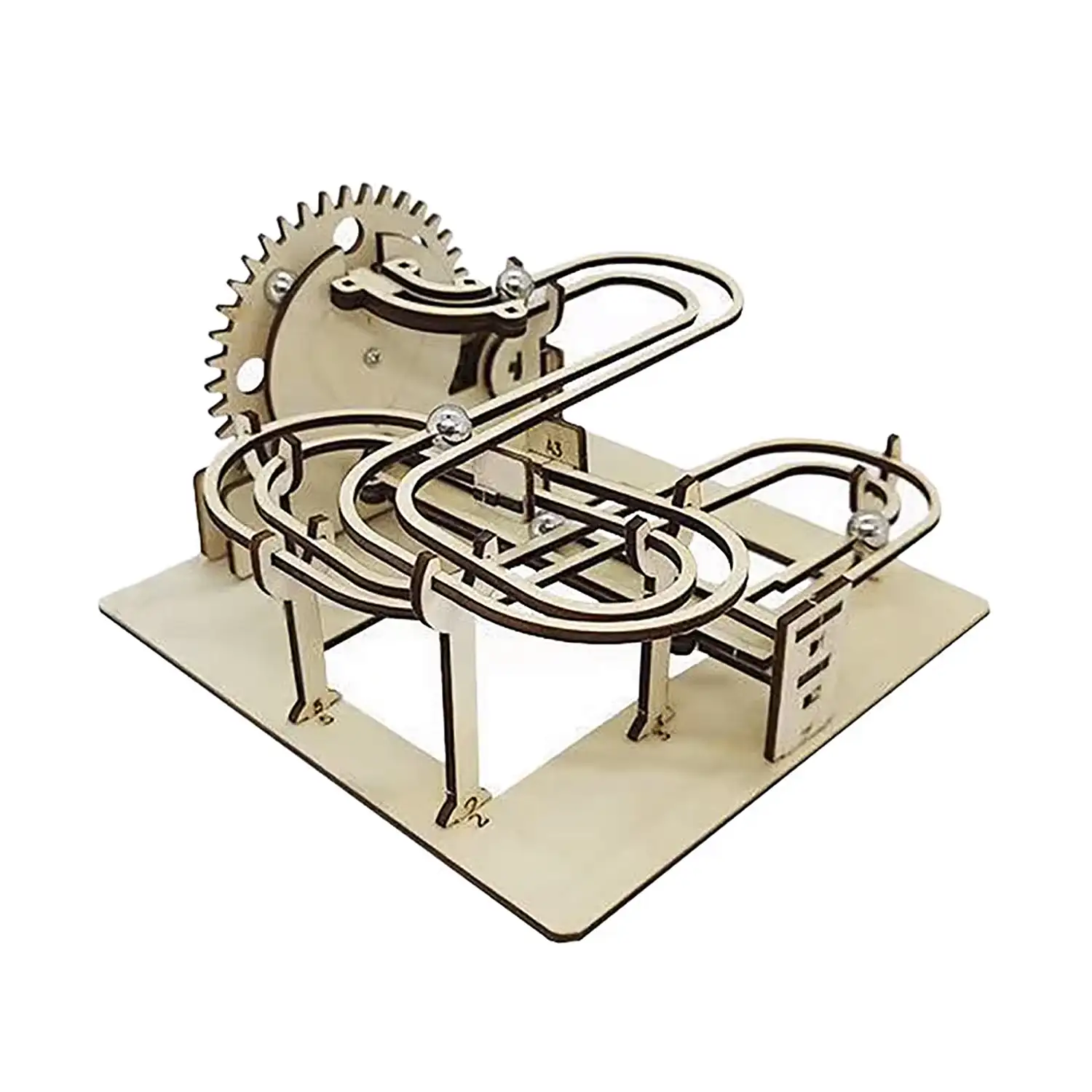 Maqueta de Madera 3D, diseño de Raíl de canicas con movimiento mecánico. 63 piezas.