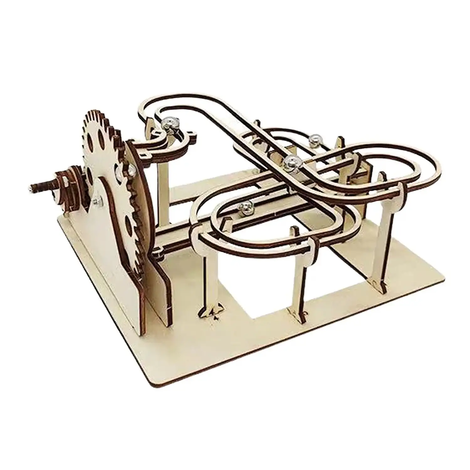 Maqueta de Madera 3D, diseño de Raíl de canicas con movimiento mecánico. 63 piezas.