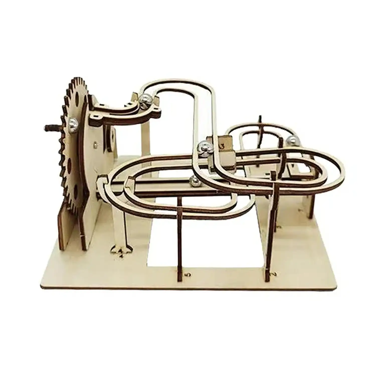 Maqueta de Madera 3D, diseño de Raíl de canicas con movimiento mecánico. 63 piezas.