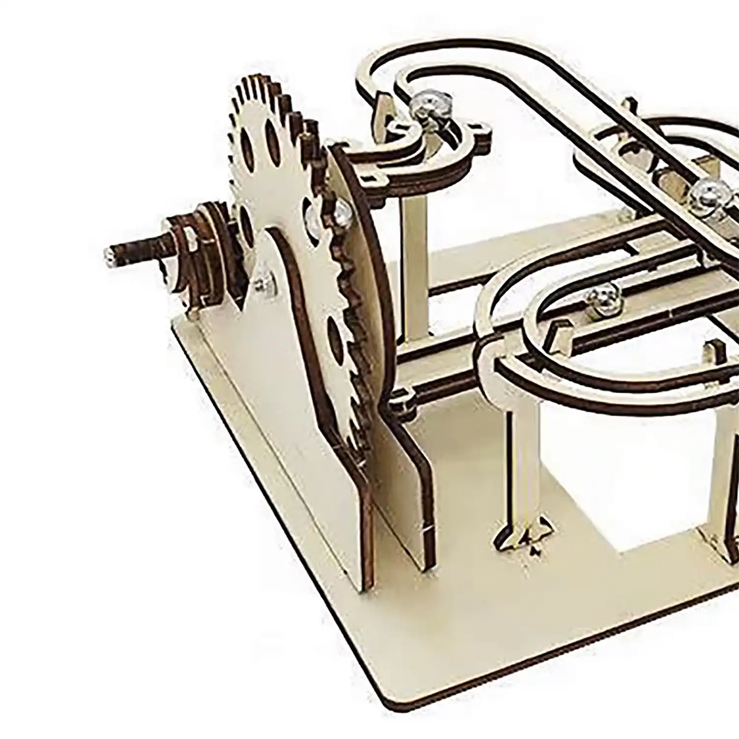 Maqueta de Madera 3D, diseño de Raíl de canicas con movimiento mecánico. 63 piezas.