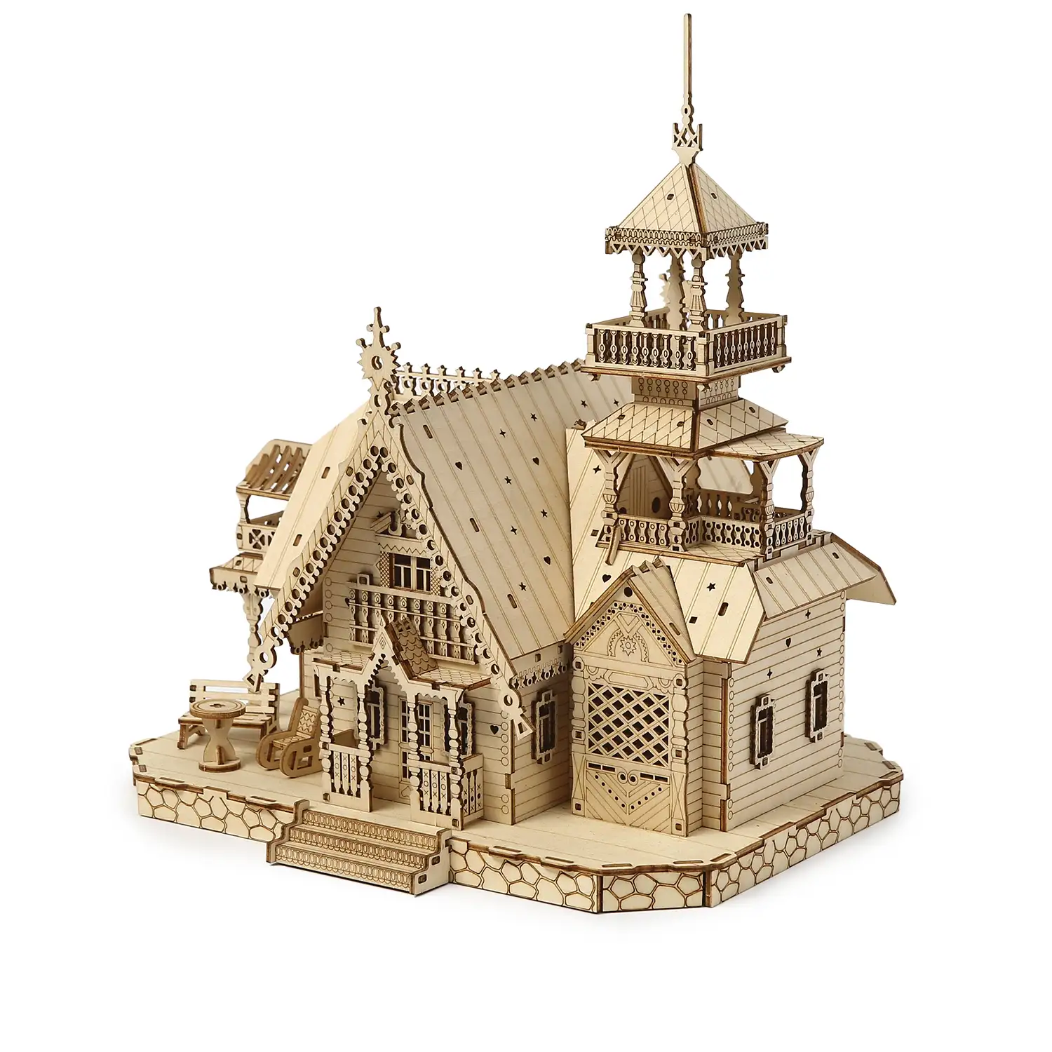 Maqueta de Madera 3D, diseño de Villa antigua con luz. 267 piezas.