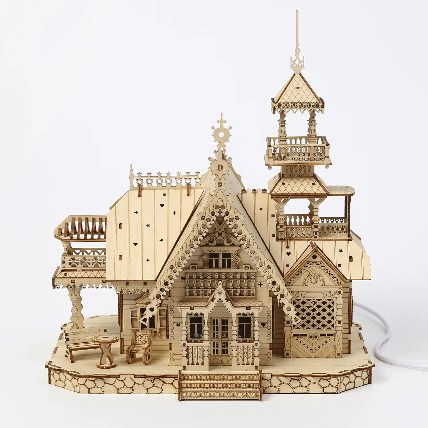 Maqueta de Madera 3D, diseño de Villa antigua con luz. 267 piezas.