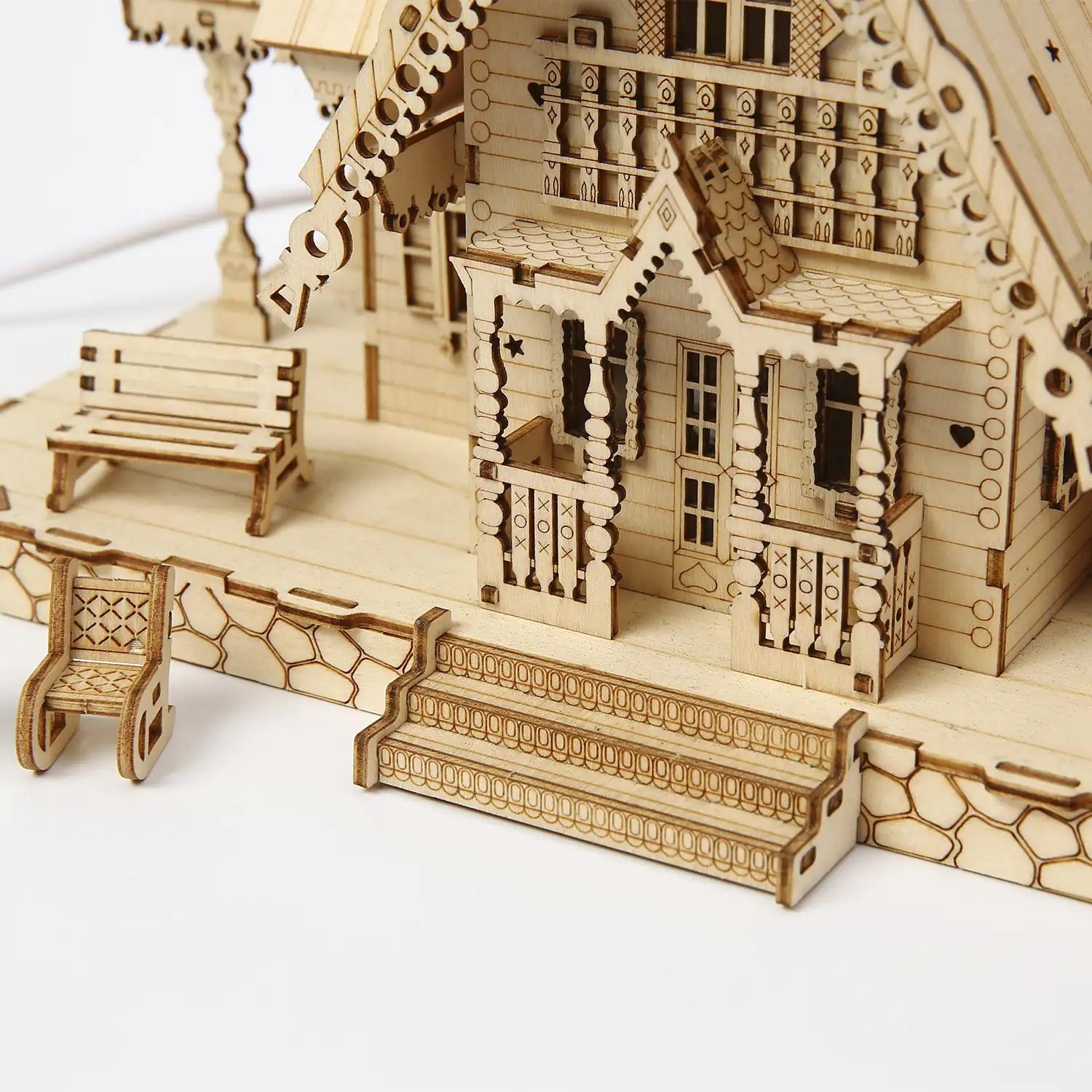 Maqueta de Madera 3D, diseño de Villa antigua con luz. 267 piezas.
