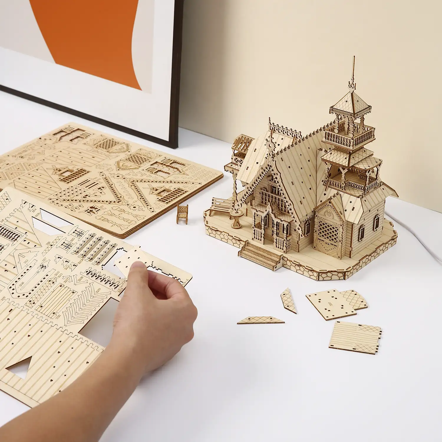 Maqueta de Madera 3D, diseño de Villa antigua con luz. 267 piezas.