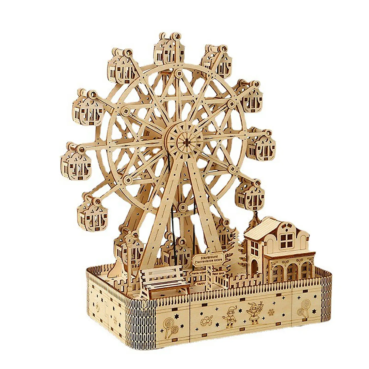 Maqueta de Madera 3D, diseño de Noria con música y movimiento mecánico. 183 piezas.