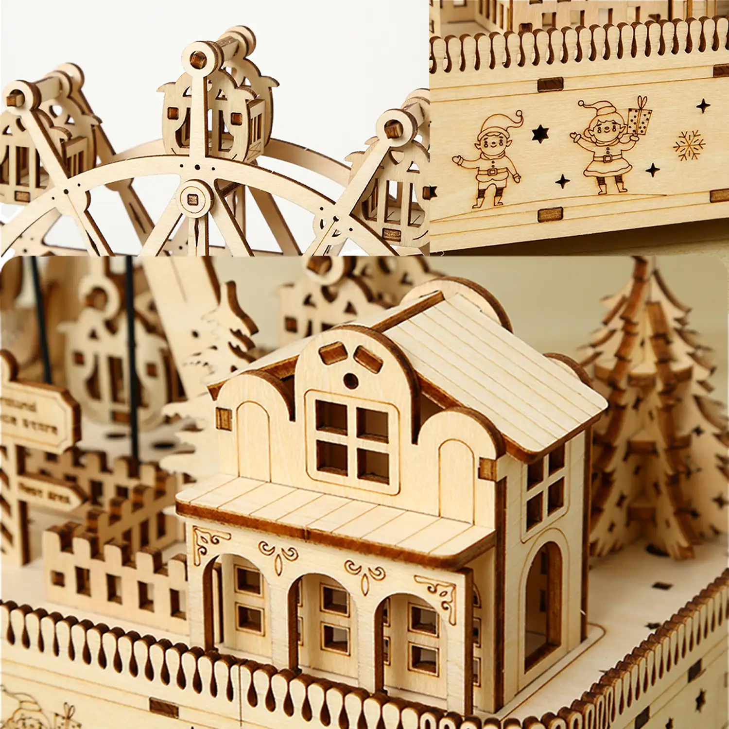 Maqueta de Madera 3D, diseño de Noria con música y movimiento mecánico. 183 piezas.