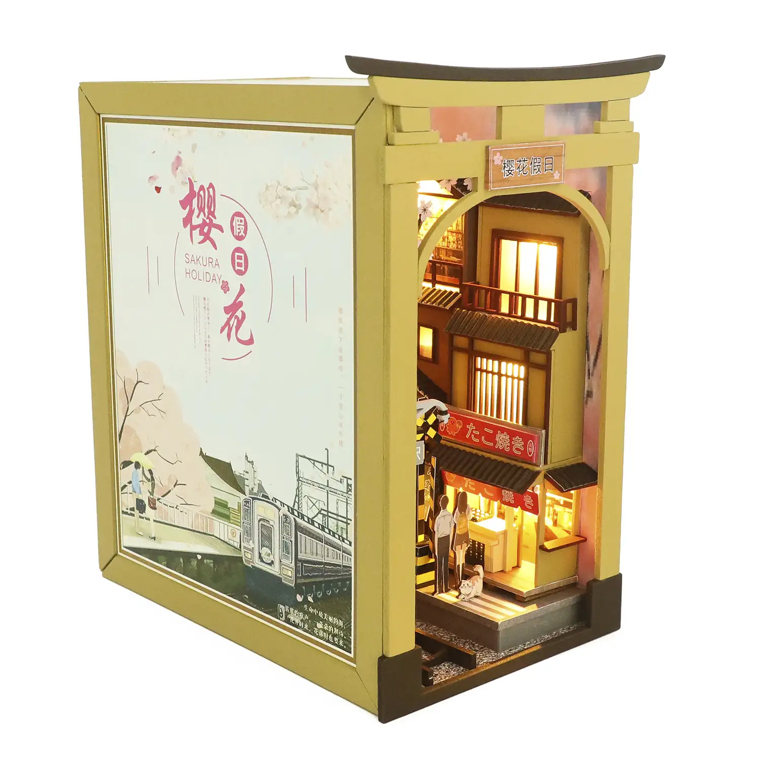 Vacaciones en Sakura. Book Nook realista con gran detalle, cubierta y luces led.