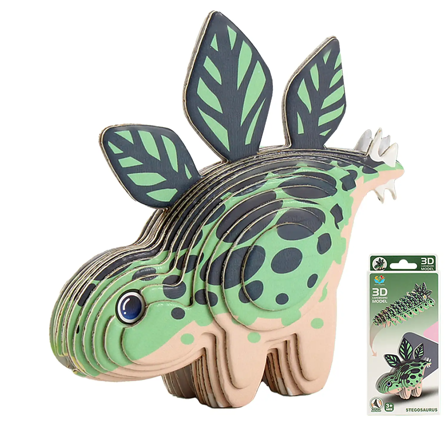 Puzle 3D de cartón con relieve. Diseño de Stegosaurus.