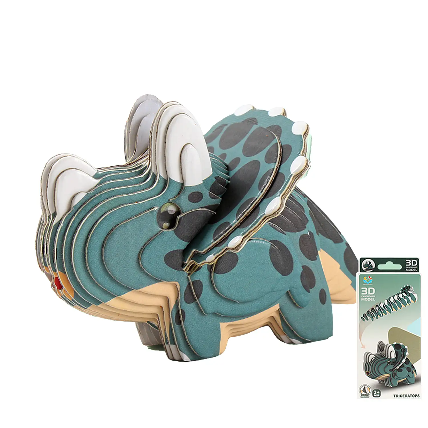 Puzle 3D de cartón con relieve. Diseño de Triceratops.