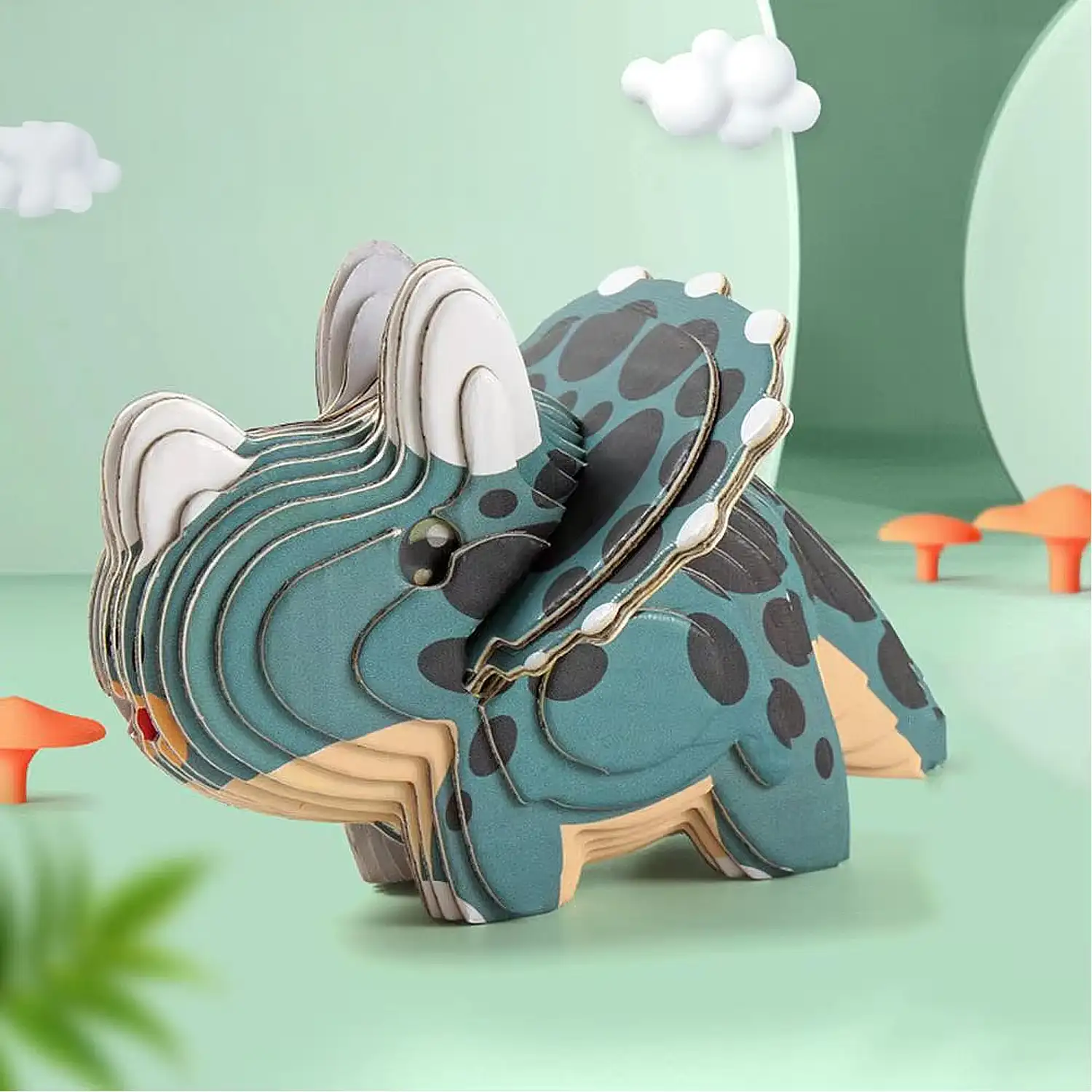 Puzle 3D de cartón con relieve. Diseño de Triceratops.