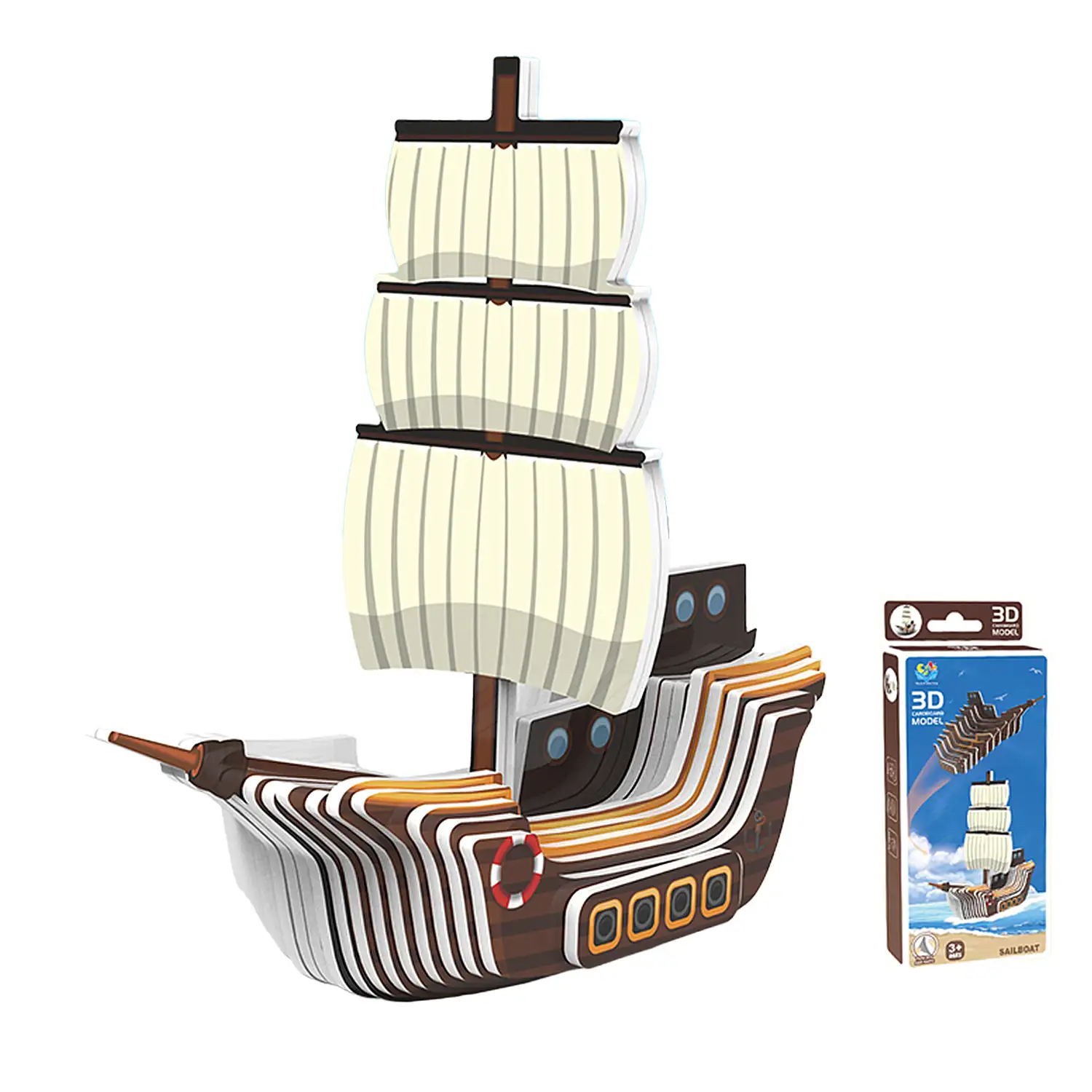 Puzle 3D de cartón con relieve. Diseño de Barco de vela.