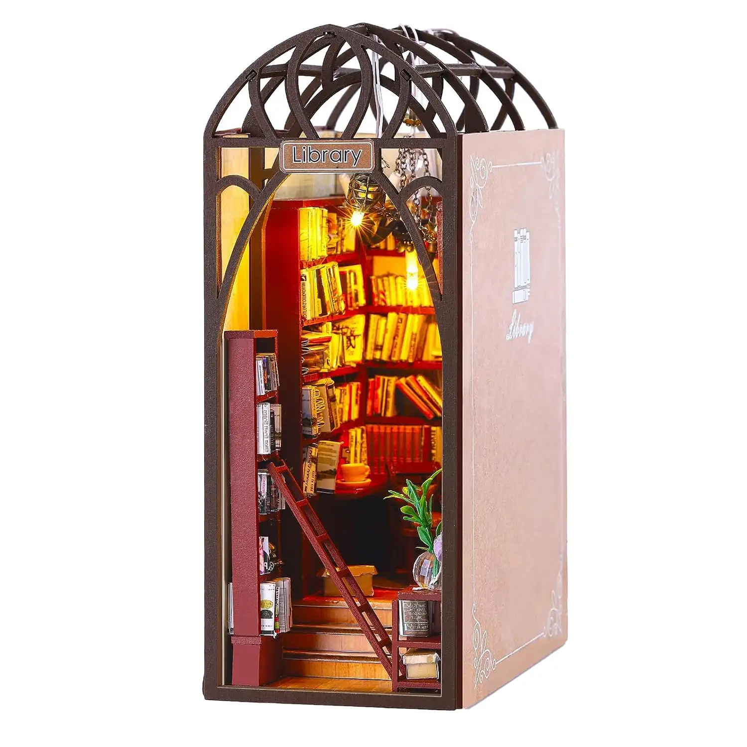Librería Enciclopedia. Book Nook realista con gran detalle, cubierta y luces led.