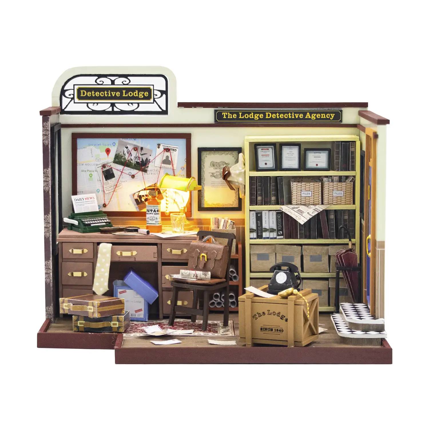 Agencia de detectives. Maqueta 3D realista con gran detalle y luces led.