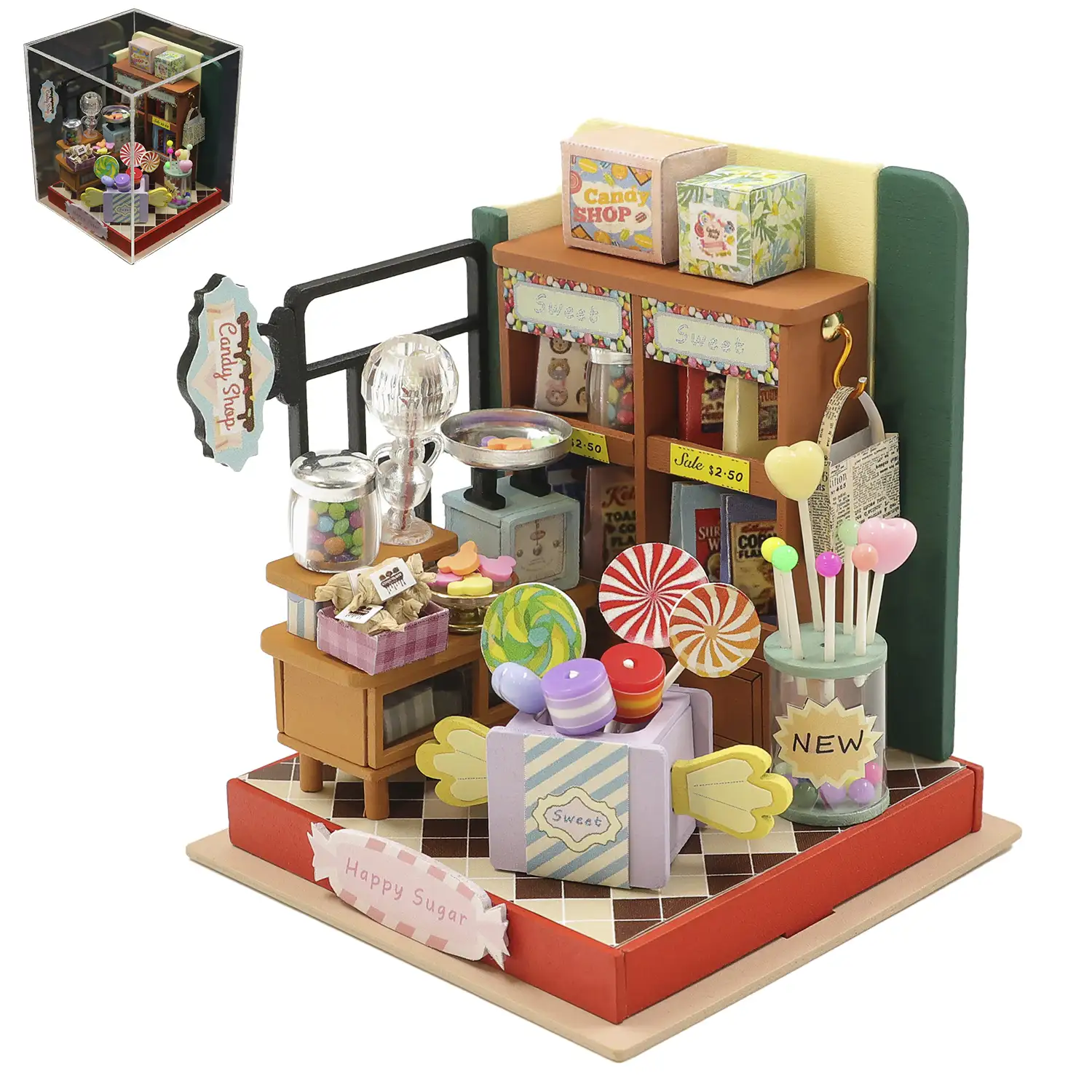 Tienda de dulces Azúcar Feliz. Maqueta 3D realista con gran detalle y luces led.