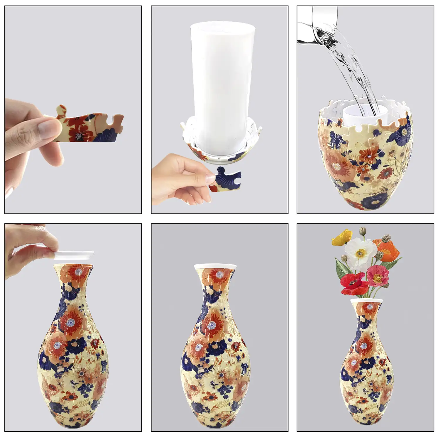Puzle 3D en ABS con 160 piezas. Diseño Vasija tradicional con flores amarillas.