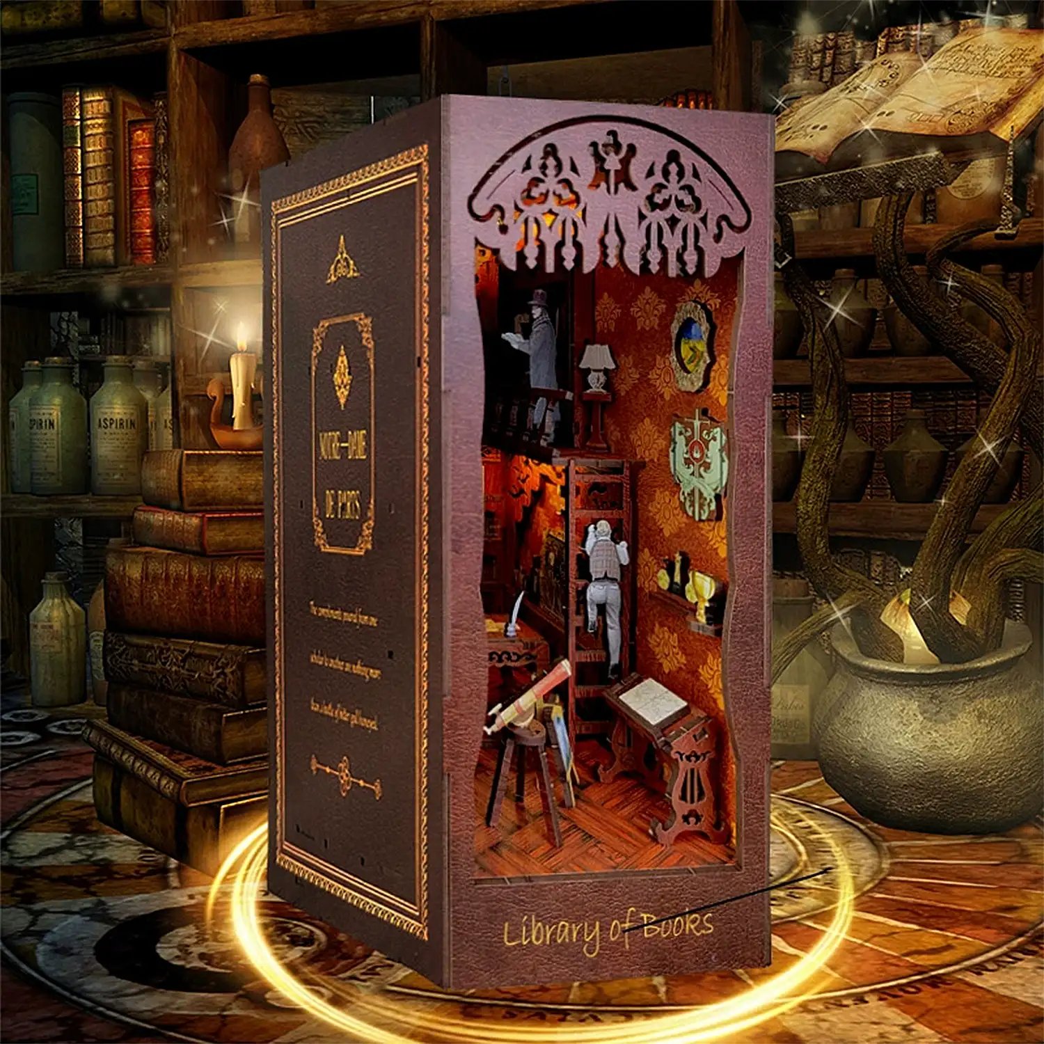 Academia Solace. Book Nook de madera, diseño 3D realista con gran detalle y luces led.
