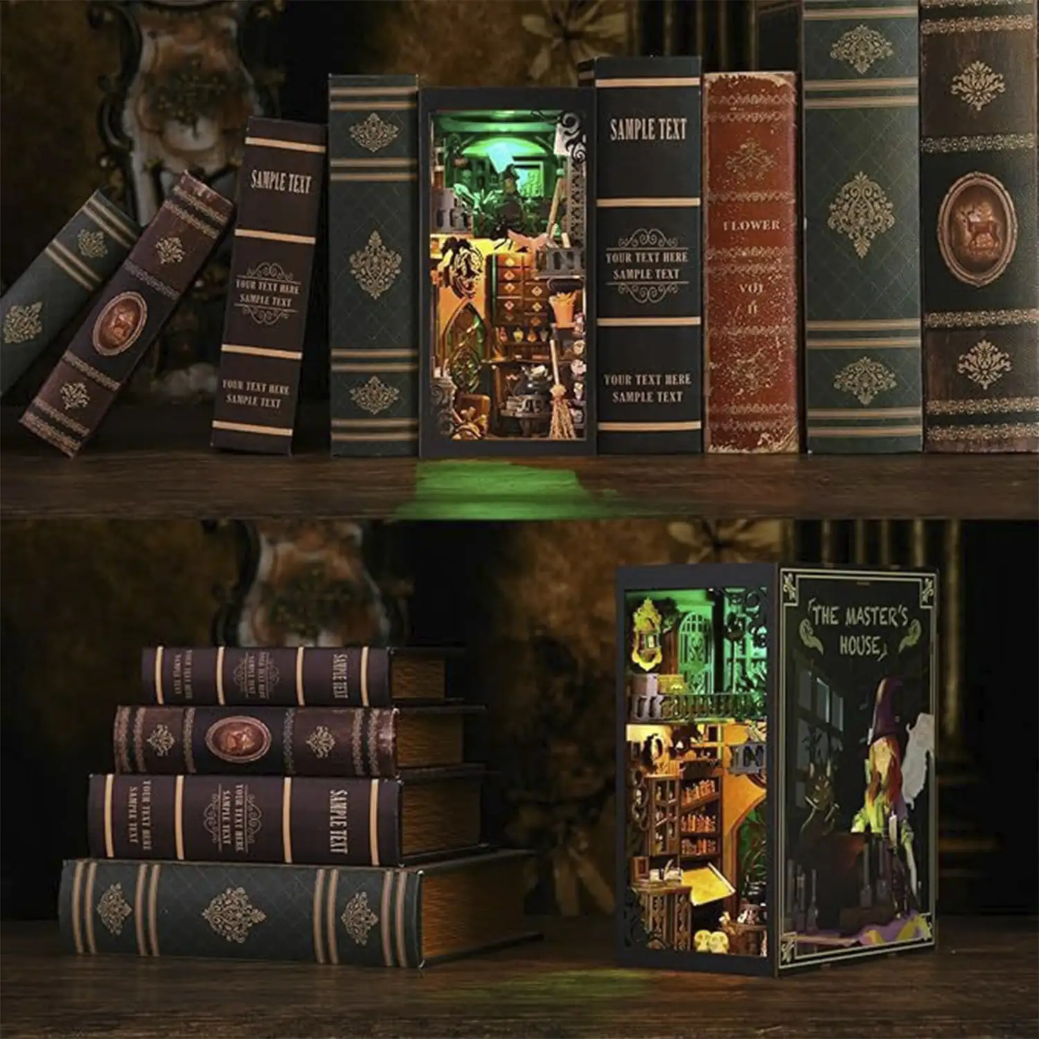 La casa de la Maestra. Book Nook de madera, diseño 3D realista con gran detalle, cubierta y luces led. 391 piezas.