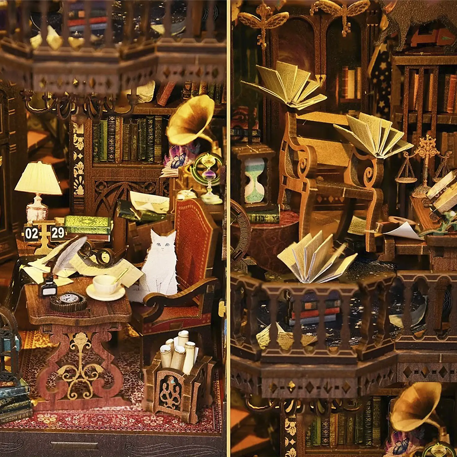 Biblioteca de las Maravillas. Book Nook de madera, diseño 3D realista con gran detalle, cubierta y luces led.