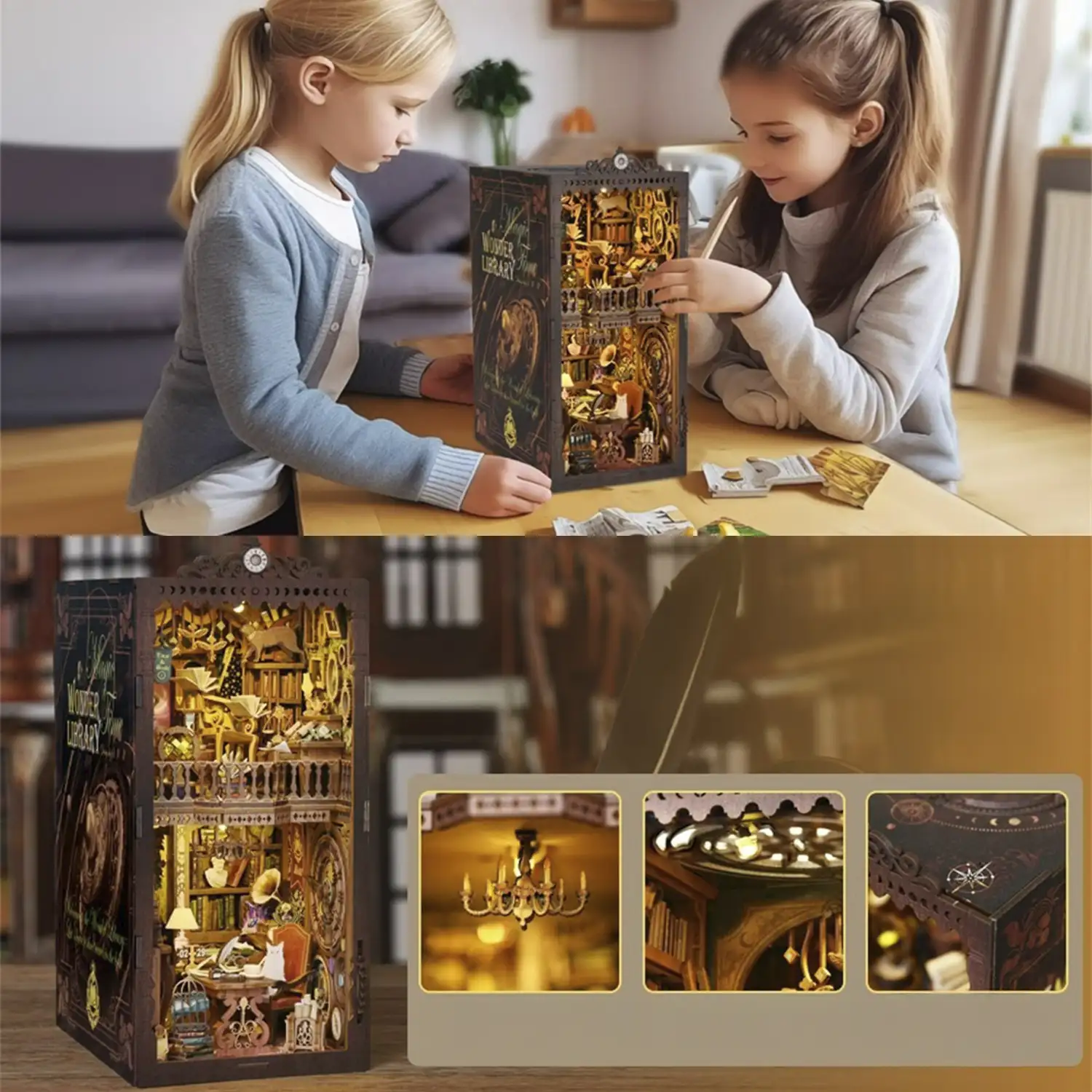 Biblioteca de las Maravillas. Book Nook de madera, diseño 3D realista con gran detalle, cubierta y luces led.