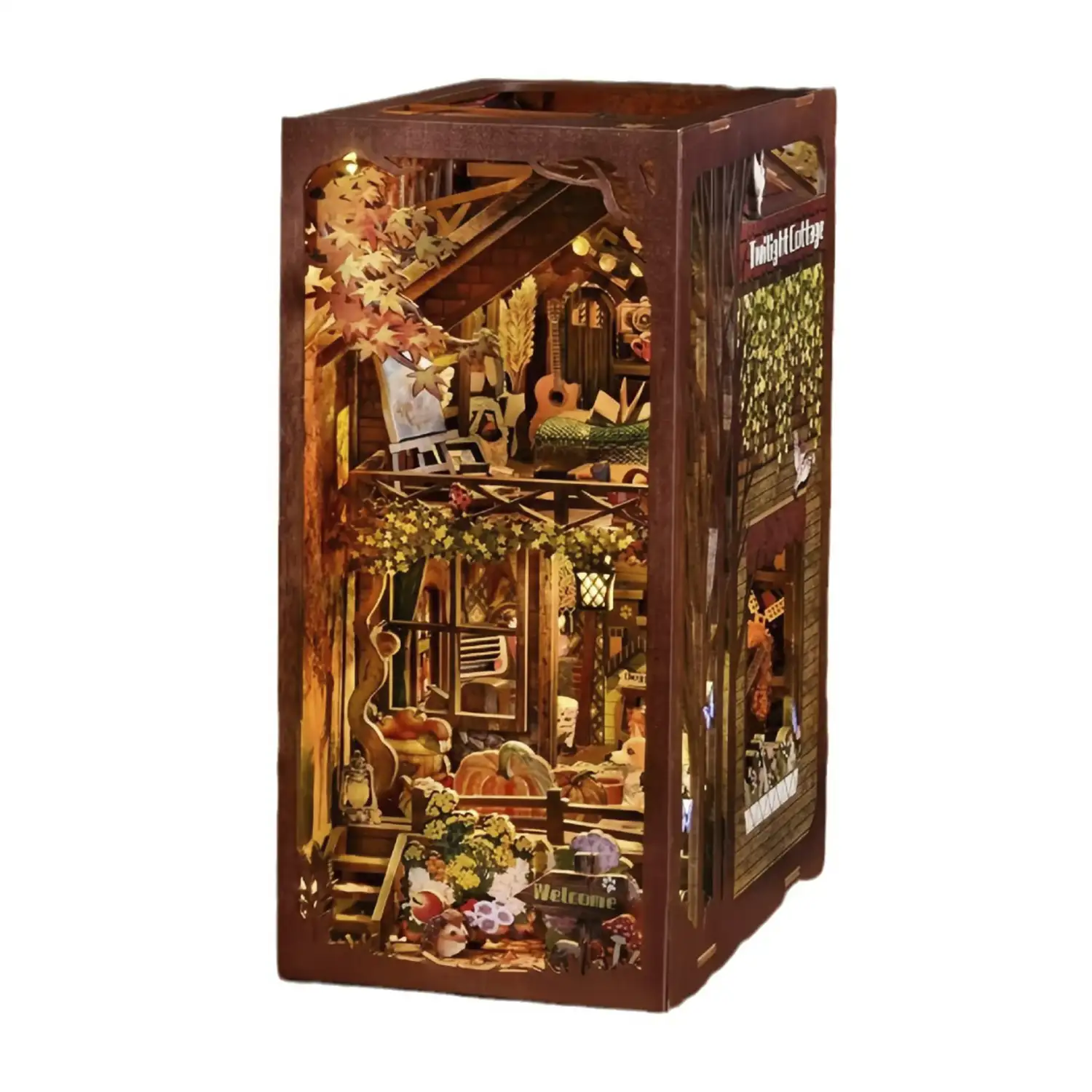 Cabaña Crepuscular. Book Nook de madera, diseño 3D realista con gran detalle, cubierta y luces led.