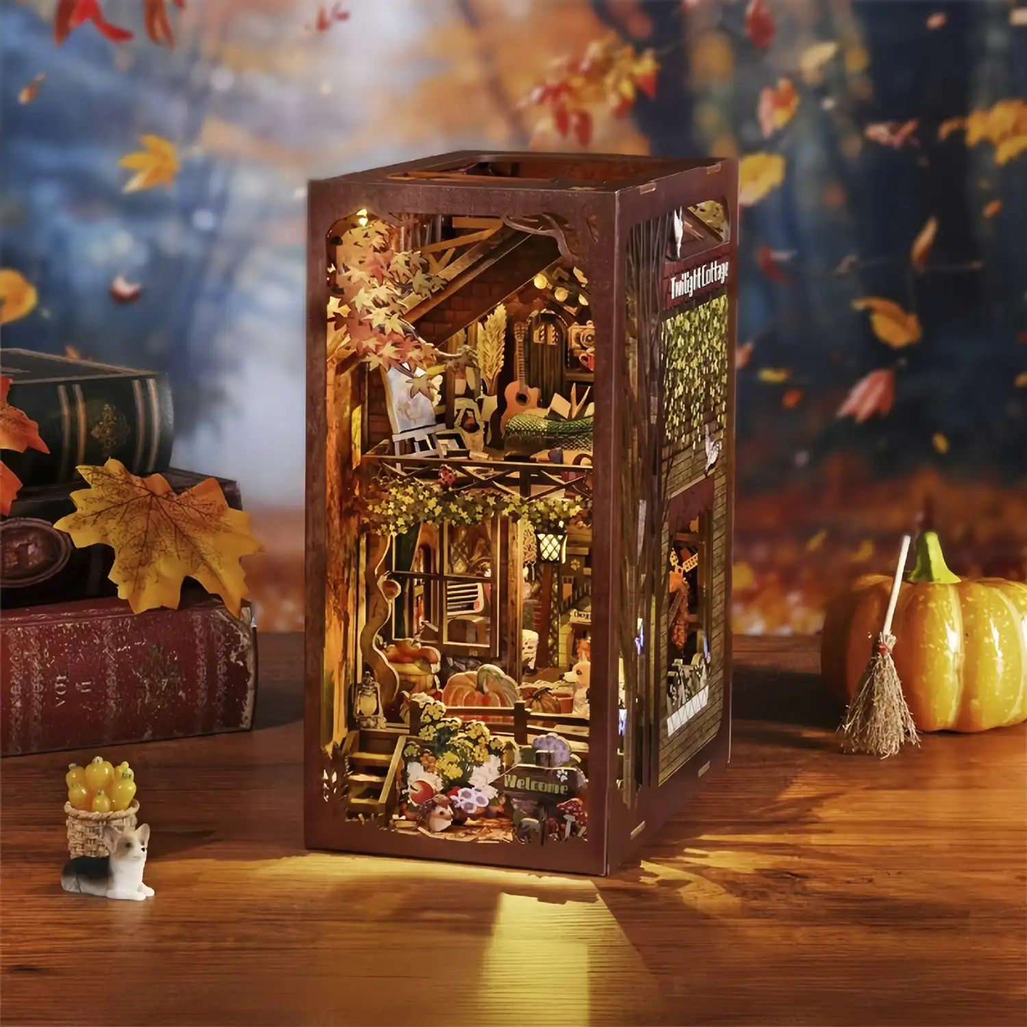 Cabaña Crepuscular. Book Nook de madera, diseño 3D realista con gran detalle, cubierta y luces led.