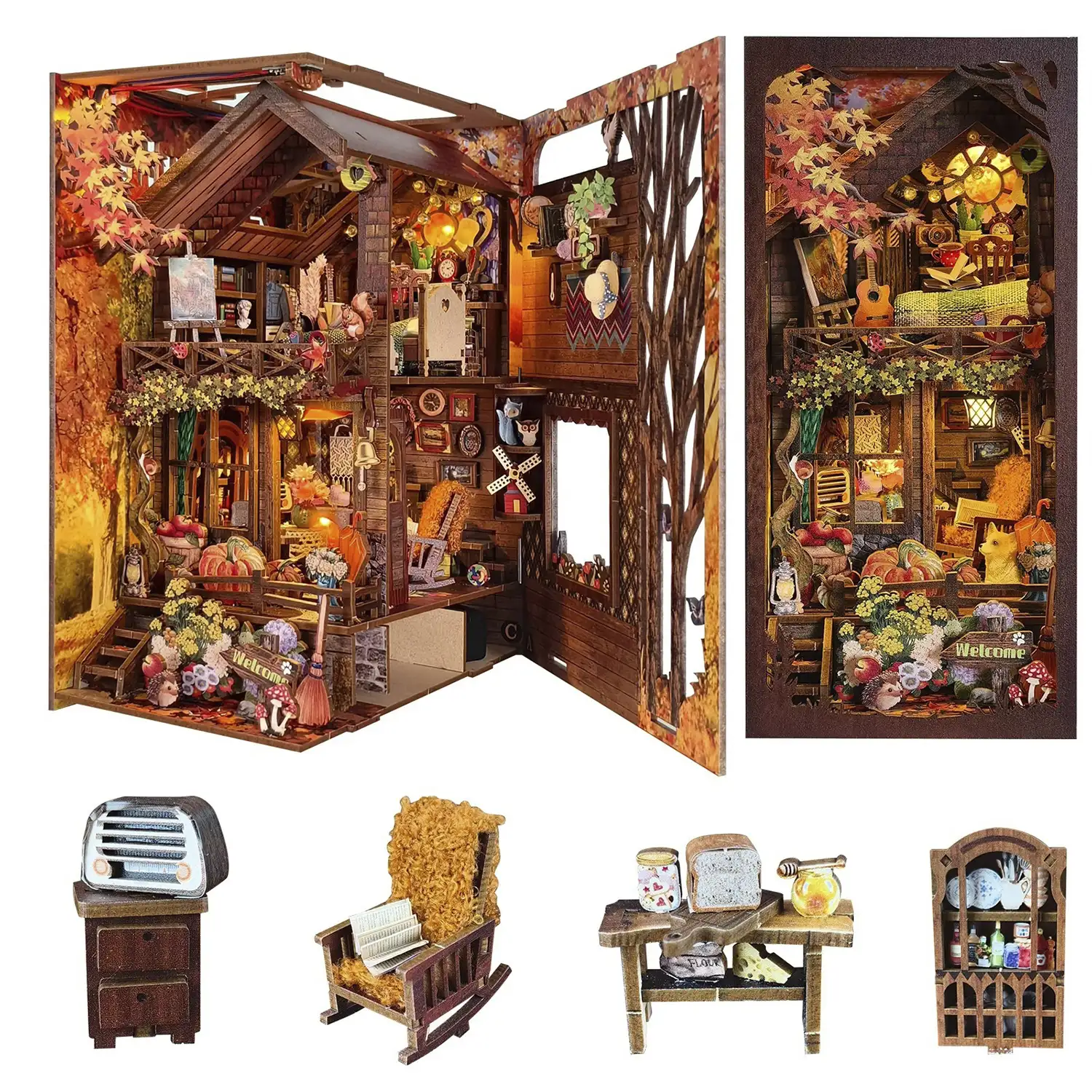 Cabaña Crepuscular. Book Nook de madera, diseño 3D realista con gran detalle, cubierta y luces led.