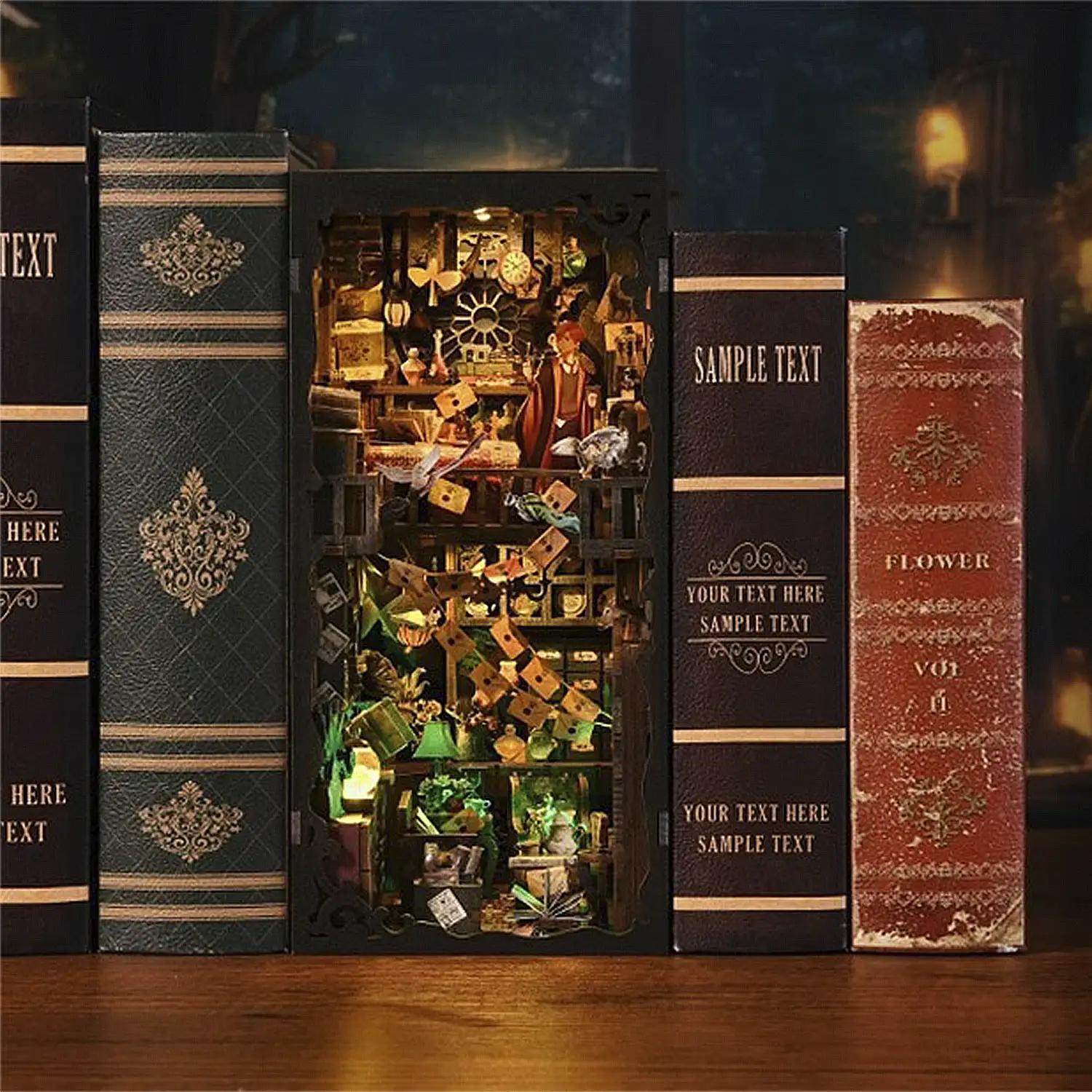 Casa Mágica. Book Nook de madera, diseño 3D realista con gran detalle, cubierta y luces led.