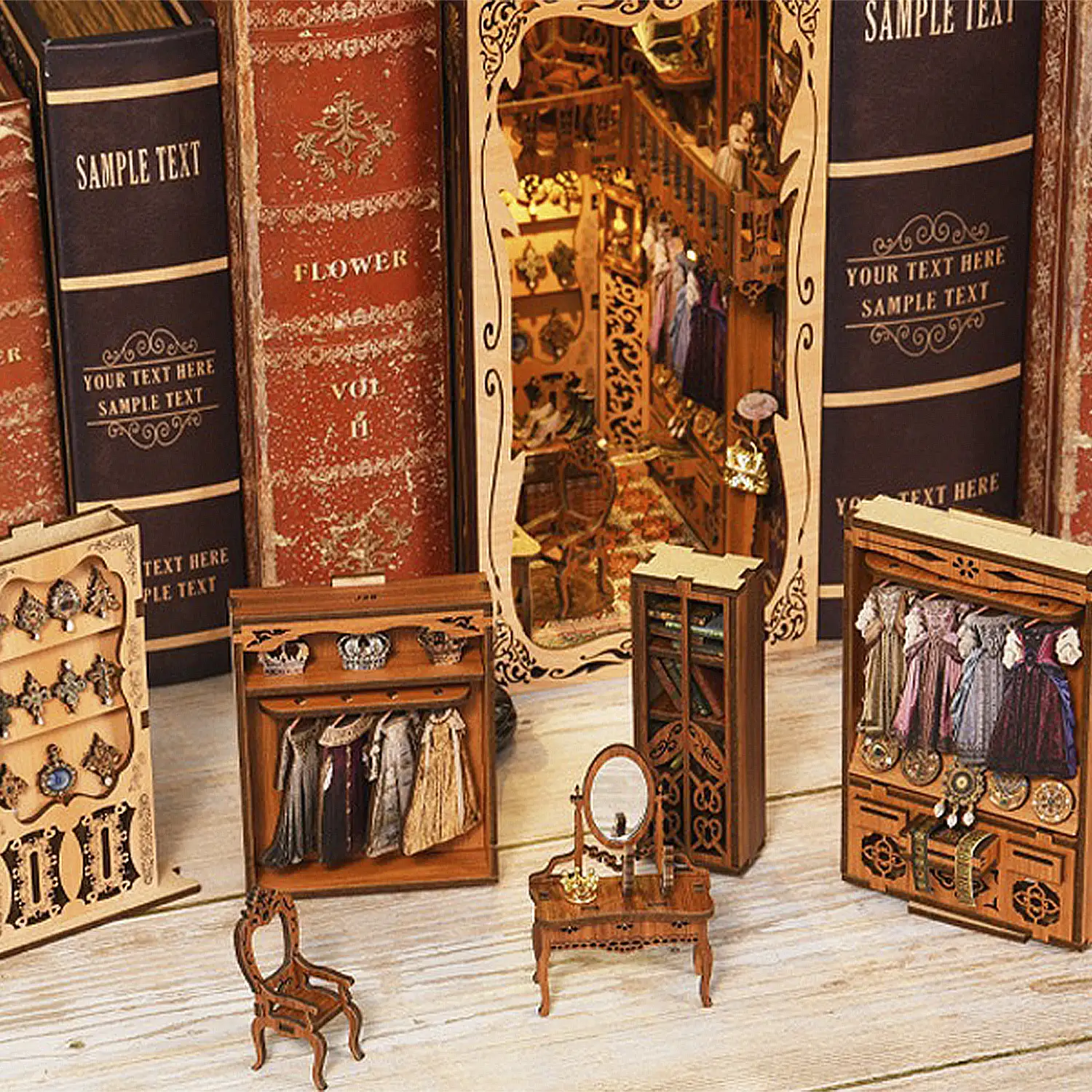 Guardarropa de la Duquesa. Book Nook de madera, diseño 3D realista con gran detalle, cubierta y luces led. 241 piezas.